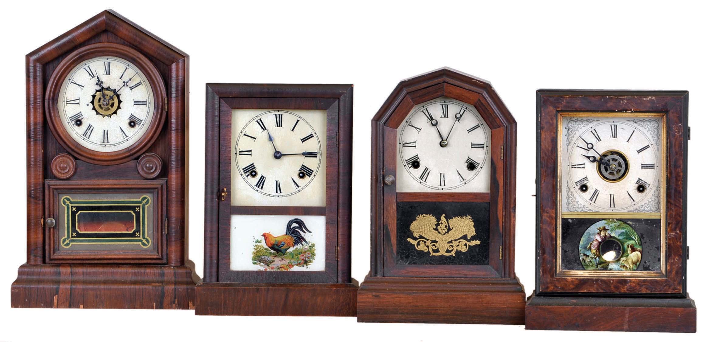 Clocks- 4 (Four): (1) William L. Gilbert Clock Co., Winsted, Conn., "Gem" 8 day, time, strike and alarm spring brass movement cottage clock. c1875 (2) Atkins Clock Co., Bristol, Conn., 8 day, time and strike spring brass movement octagon top cottage clock. c1875 (3) E. Ingraham &amp; Co., Bristol, Conn., "Argand" 8 day, time, strike and alarm spring brass movement cottage clock. c1880 (4) Ansonia Clock Co., New York., 8 day, time and strike spring brass movement cottage clock. c1880 — Antique Clocks Price Guide