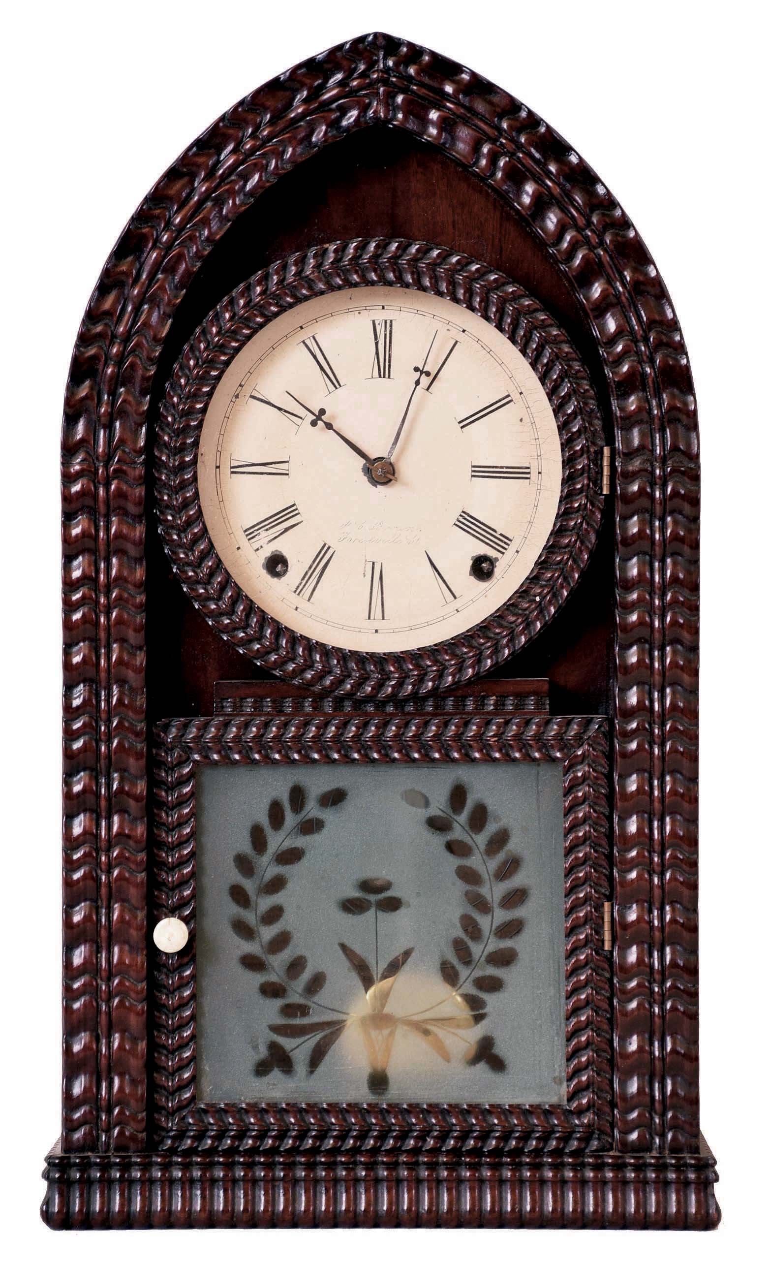 Forestville Mfg. Co., J.C. Brown, Bristol, Conn., ripple front round Gothic or "beehive" shelf clock. — Antique Clocks Price Guide