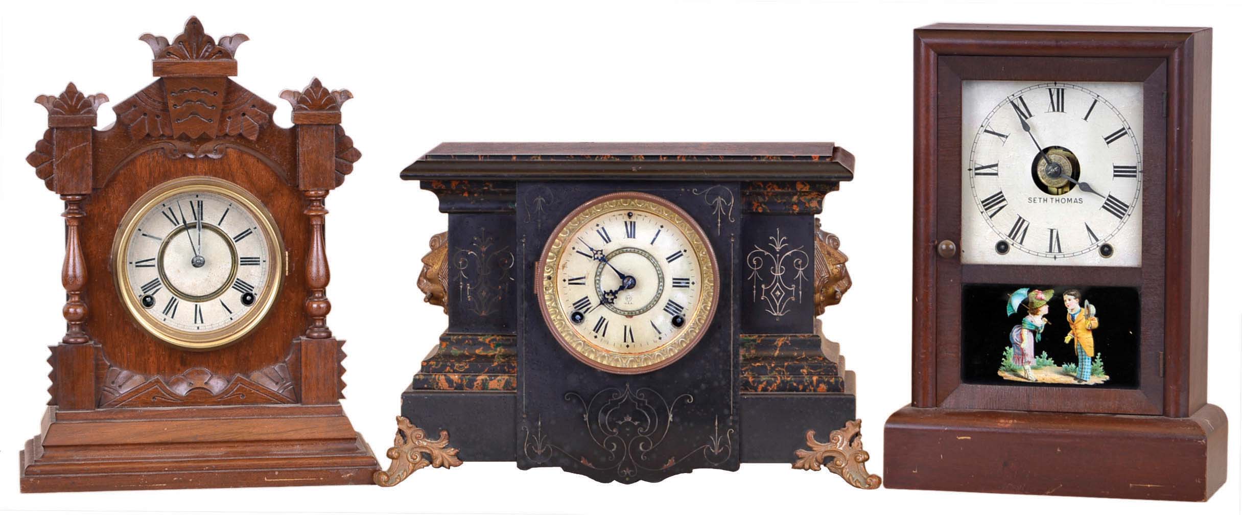 Clocks- 3 (Three): (1) Ansonia Clock Co., New York, NY, "Tivoli", 8 day, time and strike spring brass movement cabinet clock. (2) Seth Thomas Clock Co., Thomaston, Conn., 8 day, time and strike spring brass movement cottage clock. (3) Seth Thomas Clock Co., Thomaston, Conn., "Servia", 8 day, time and strike spring brass movement "Adamantine" mantel clock. — Antique Clocks Price Guide