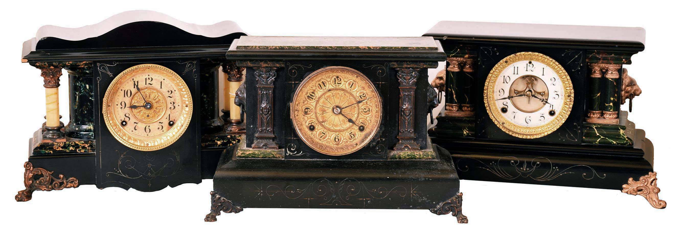 Clocks- 3 (Three): (1) William L. Gilbert Clock Co., Winsted, Conn., "Blackbird", 8 day, time and strike spring brass movement enameled wood case mantel clock with visible escapement. (2) Seth Thomas Clock Co., Thomaston, Conn., 8 day, time and strike spring brass movement "Adamantine? mantel clock. (3) Seth Thomas Clock Co., Thomaston, Conn., 8 day, time and strike spring brass movement enameled case mantel clock. — Antique Clocks Price Guide