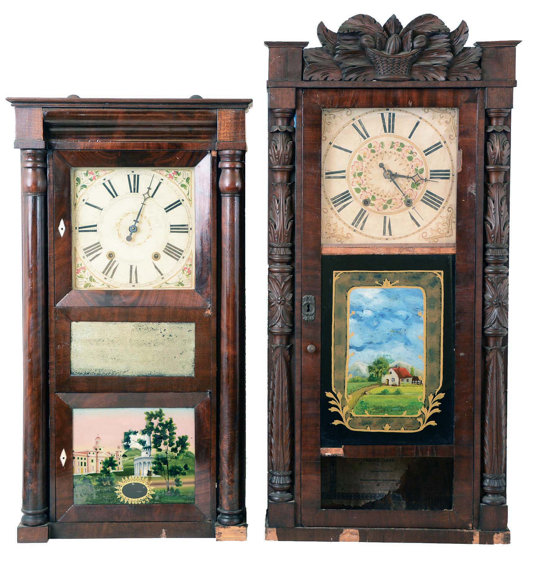 Clocks- 2 (Two): (1) Jeromes &amp; Darrow, Bristol, Conn., 8 day, time and strike weight wood movement carved column &amp; splat shelf clock. c1830 (2) Eli Terry Jr &amp; Co., Terrysville, Conn., 8 day, time and strike weight wood movement column &amp; cornice shelf clock. c1836 — Antique Clocks Price Guide