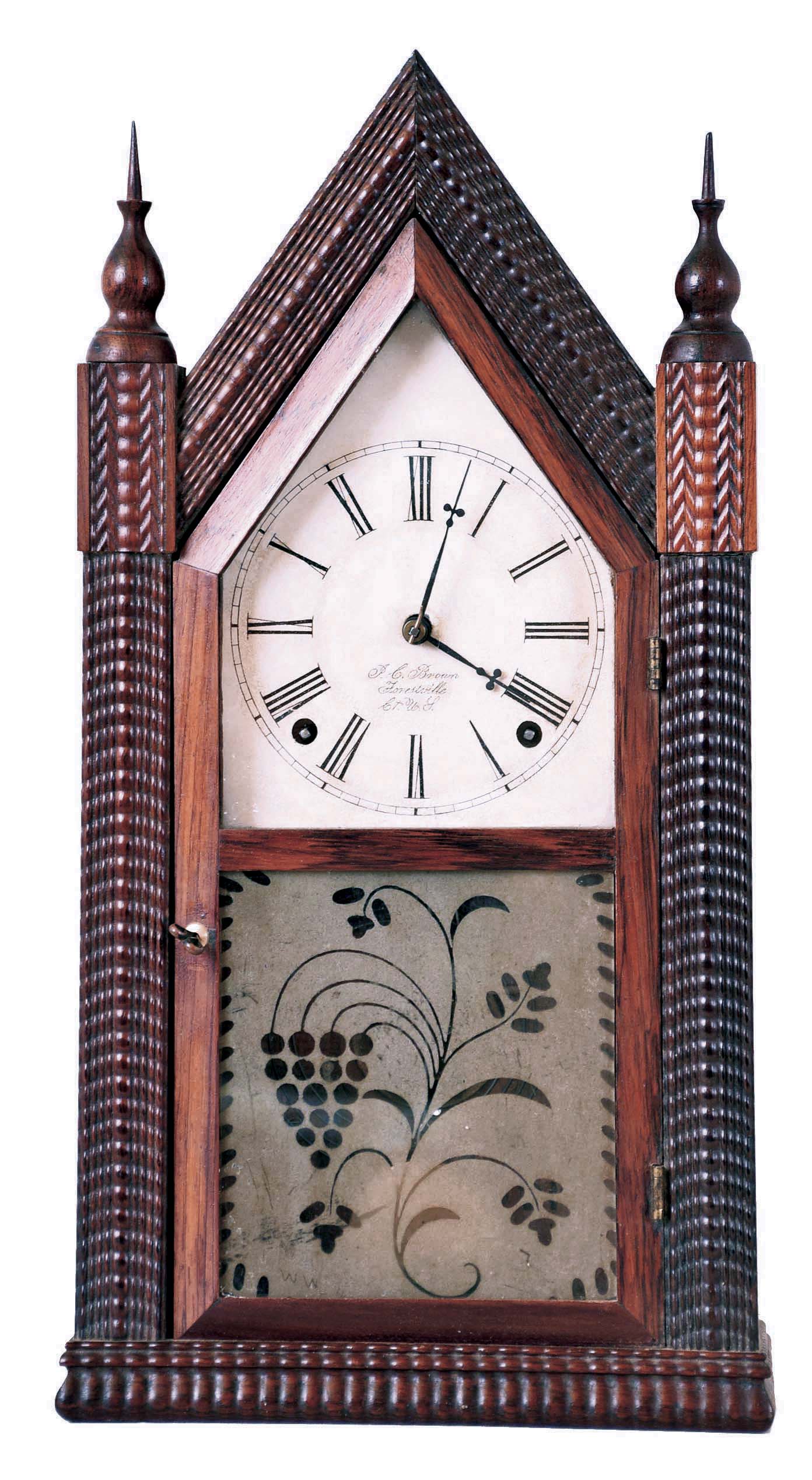 Forestville Mfg. Co., J.C. Brown, Bristol, Conn., 8 day brass time &amp; strike movement in ripple front sharp Gothic or "steeple" clock. — Antique Clocks Price Guide