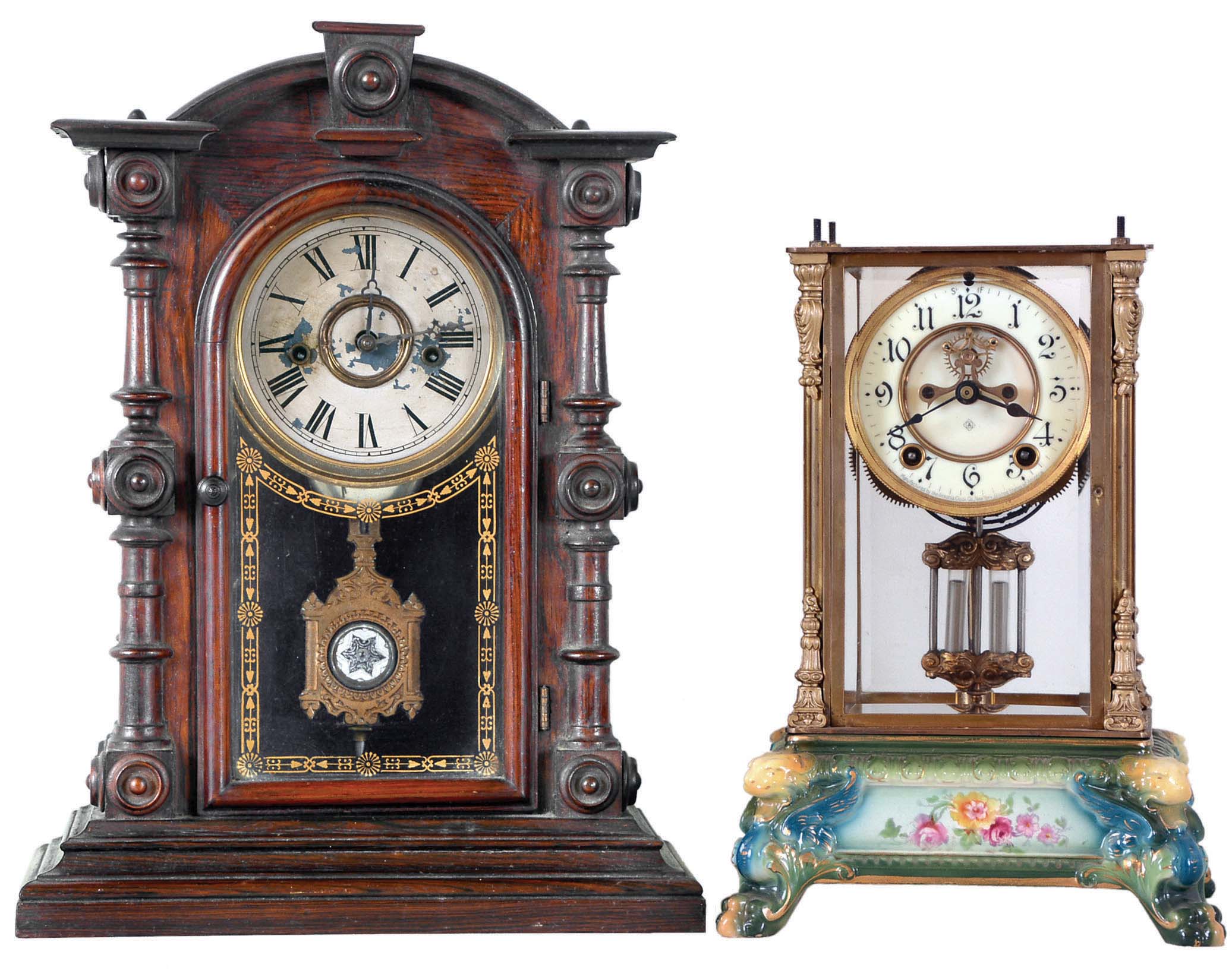 Clocks- 2 (Two): (1) Ansonia Clock Co., New York, NY, "Crystal Regulator No. 6", 8 day, time and strike spring brass movement crystal regulator mantel clock. c1906 (2) Welch, Spring &amp; Co., Forestville, Conn., "Patti V.P.", 8 day, time and strike spring brass movement mantel clock. c1880 — Antique Clocks Price Guide