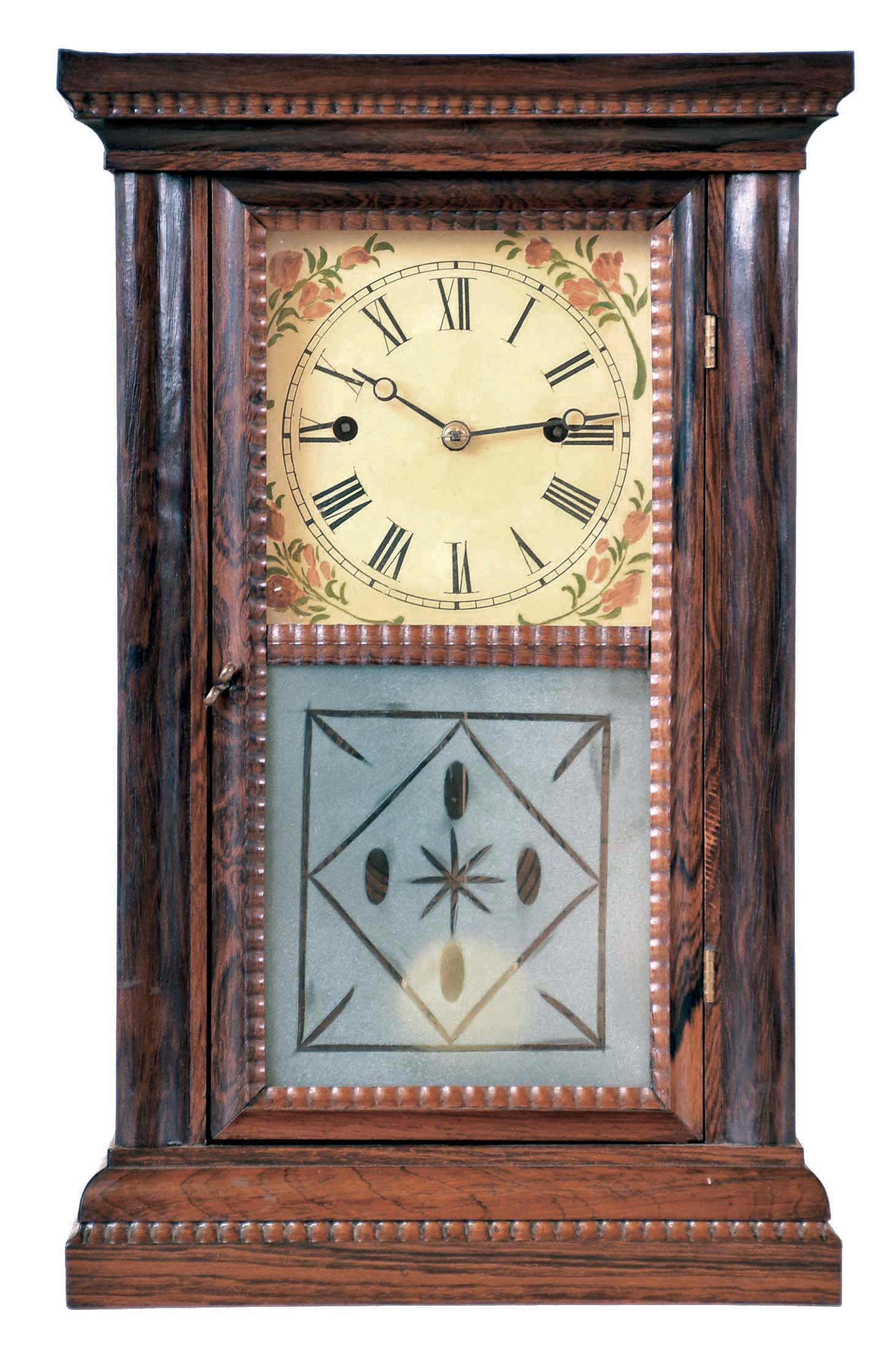 Forestville Mfg. Co., J.C. Brown, Bristol, Conn., ripple front 8 day fusee spring cornice top shelf clock — Antique Clocks Price Guide