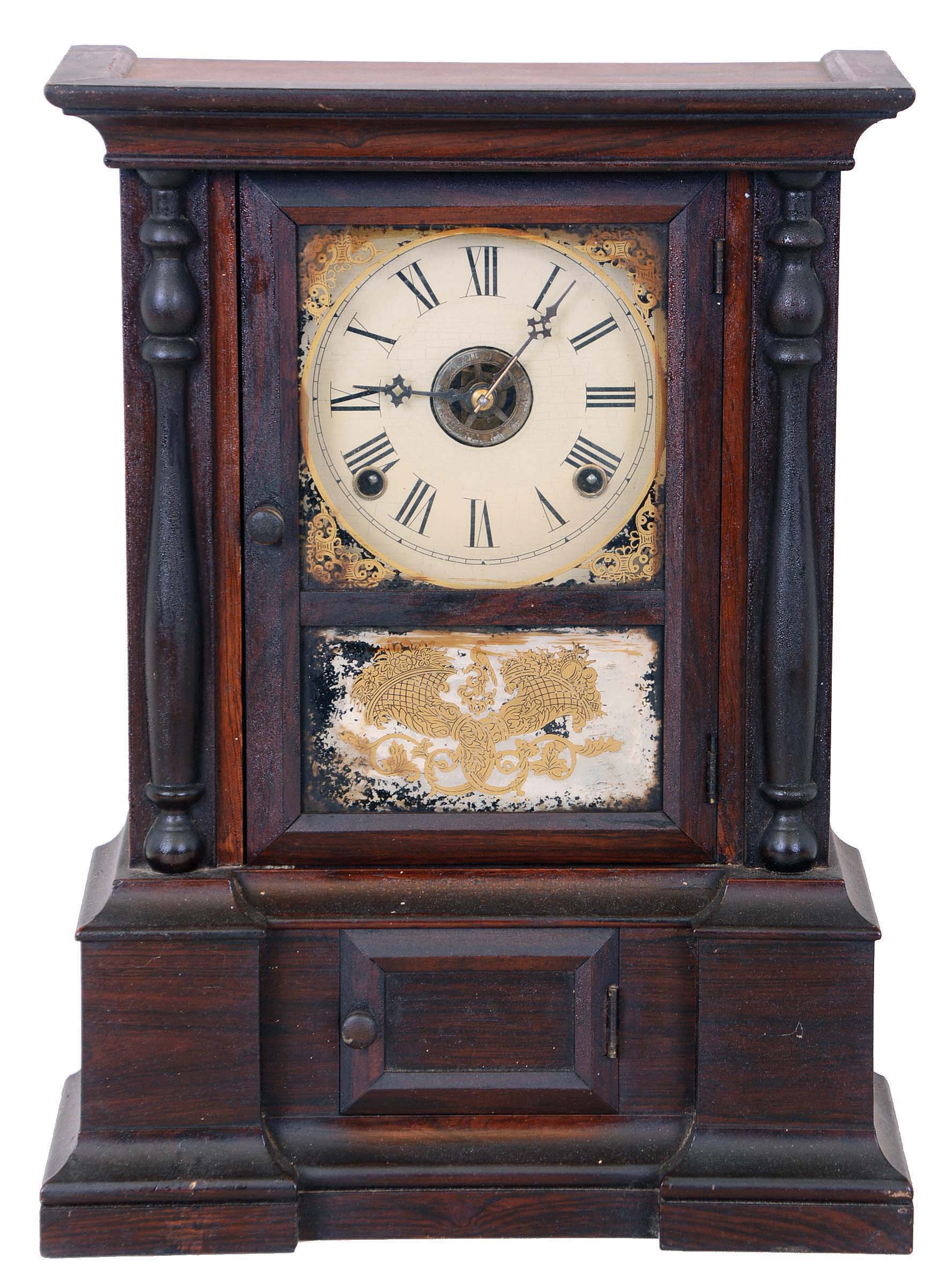 Clocks- 3 (Three): (1) Atkins Clock Co., Bristol, Conn., empty London model case. (2) Atkins Clock Co., Bristol, Conn., 8 days, time, strike and alarm spring brass movement London model shelf clock. (3) Atkins Clock Co., Bristol, Conn., 8 days, time and strike spring brass movement London model shelf clock. — Antique Clocks Price Guide