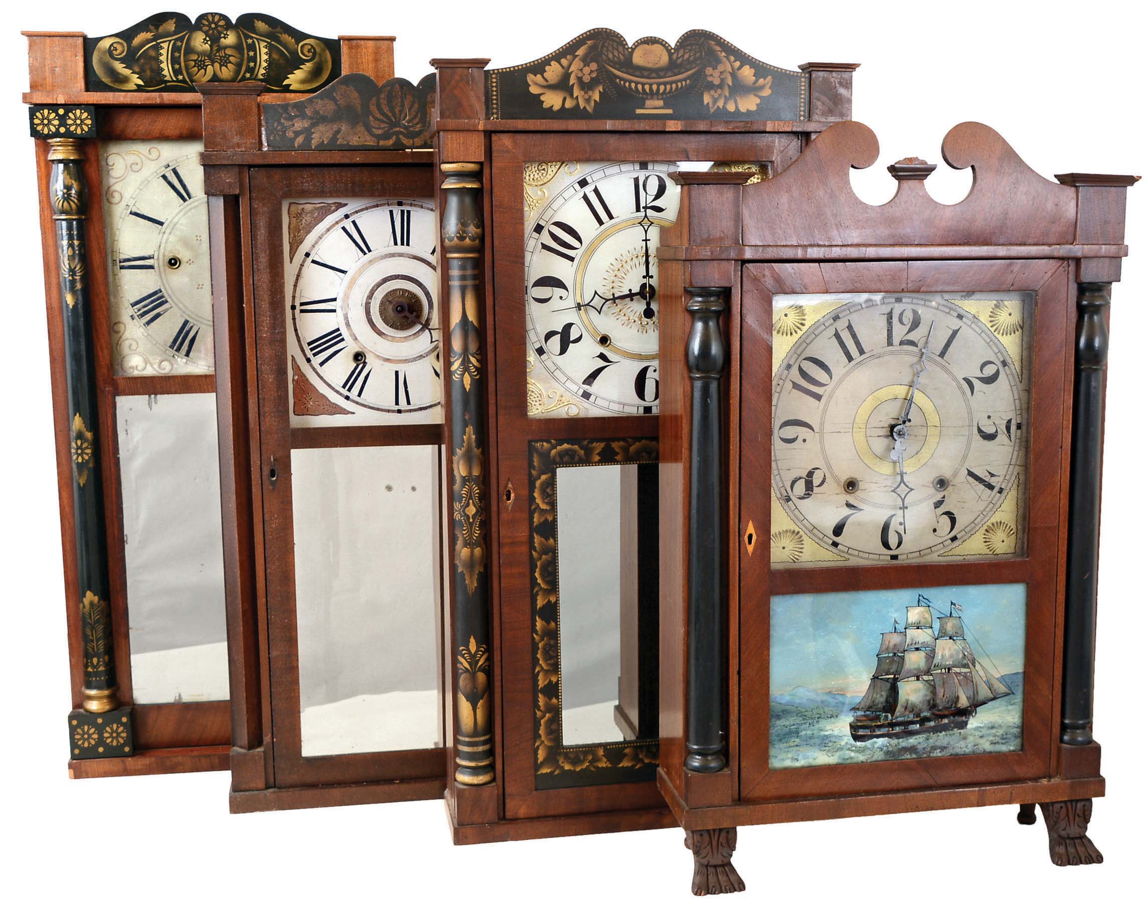 Clocks- 4 (Four): (1) George Marsh, Bristol, Conn., 30 hour, time and strike weight wood movement half column &amp; splat shelf clock. c1830 (2) Barnes, Bartholomew &amp; Co., Bristol, Conn., 30 hour, time and strike weight wood movement half column &amp; splat shelf clock. c1833. (3) David Dutton, Mount Vernon, New Hampshire, 30 hour "groaner" type weight wood movement half column &amp; splat shelf clock. c1832 (4) David Dutton, Mount Vernon, New Hampshire, 30 hours, time, strike and alarm weight wood movement column &amp; splat shelf clock. c1835 — Antique Clocks Price Guide