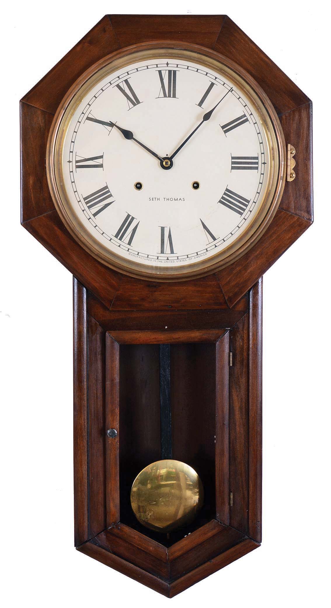 Clocks- 2 (Two): (1) Seth Thomas Clock Co., Thomaston, Conn., "Globe" 8 day, time and strike spring brass movement drop octagon wall clock. c1913 (2) William C. Vosburgh &amp; Co., New York, 8 day, time and strike spring brass movement drop octagon wall clock. c1855 — Antique Clocks Price Guide