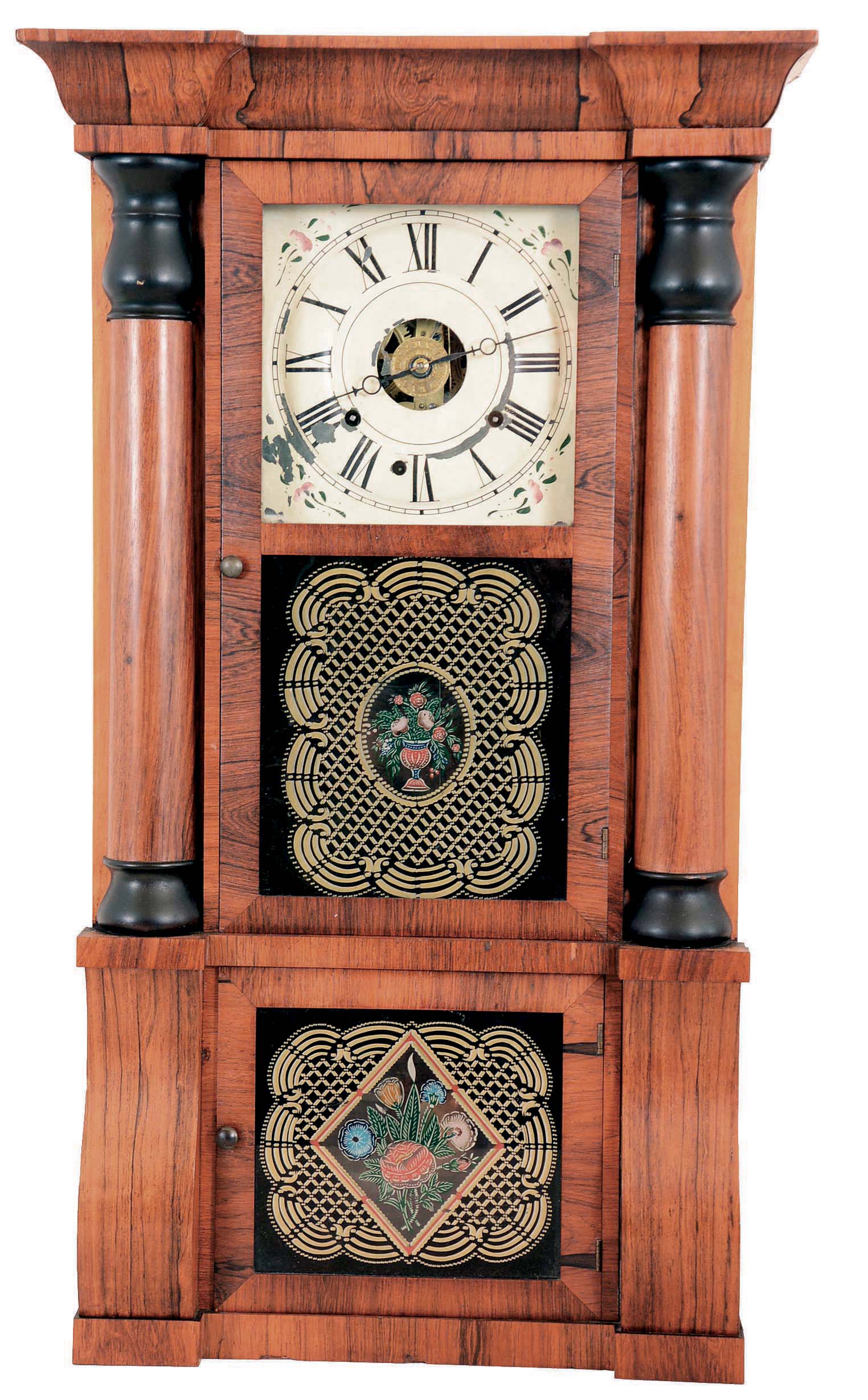 Seth Thomas, Plymouth Hollow, Conn., 8 day, time, strike and alarm weight brass movement column &amp; cornice shelf clock. — Antique Clocks Price Guide
