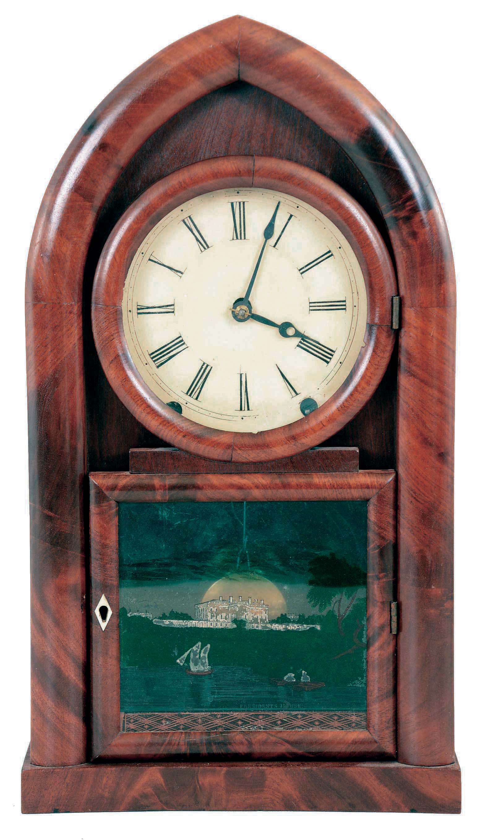 Brewster &amp; Ingrahams, Bristol, Conn., 8 day, time and strike spring brass movement round Gothic or "beehive" shelf clock. — Antique Clocks Price Guide