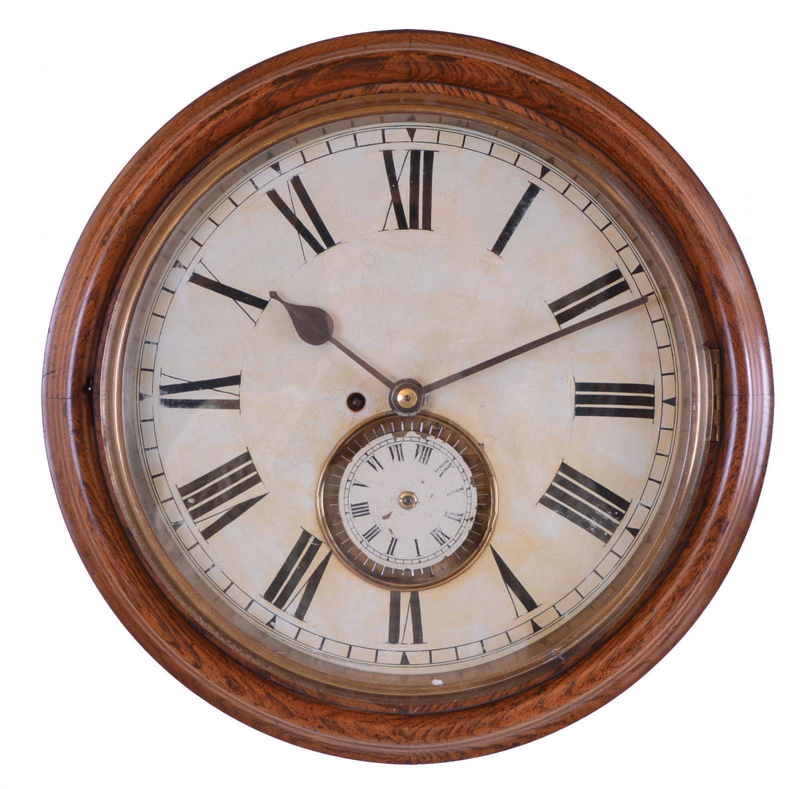 English Watchman's Clock in a wall hanging oak case with an 8 day fusee-spring timepiece movement. — Antique Clocks Price Guide