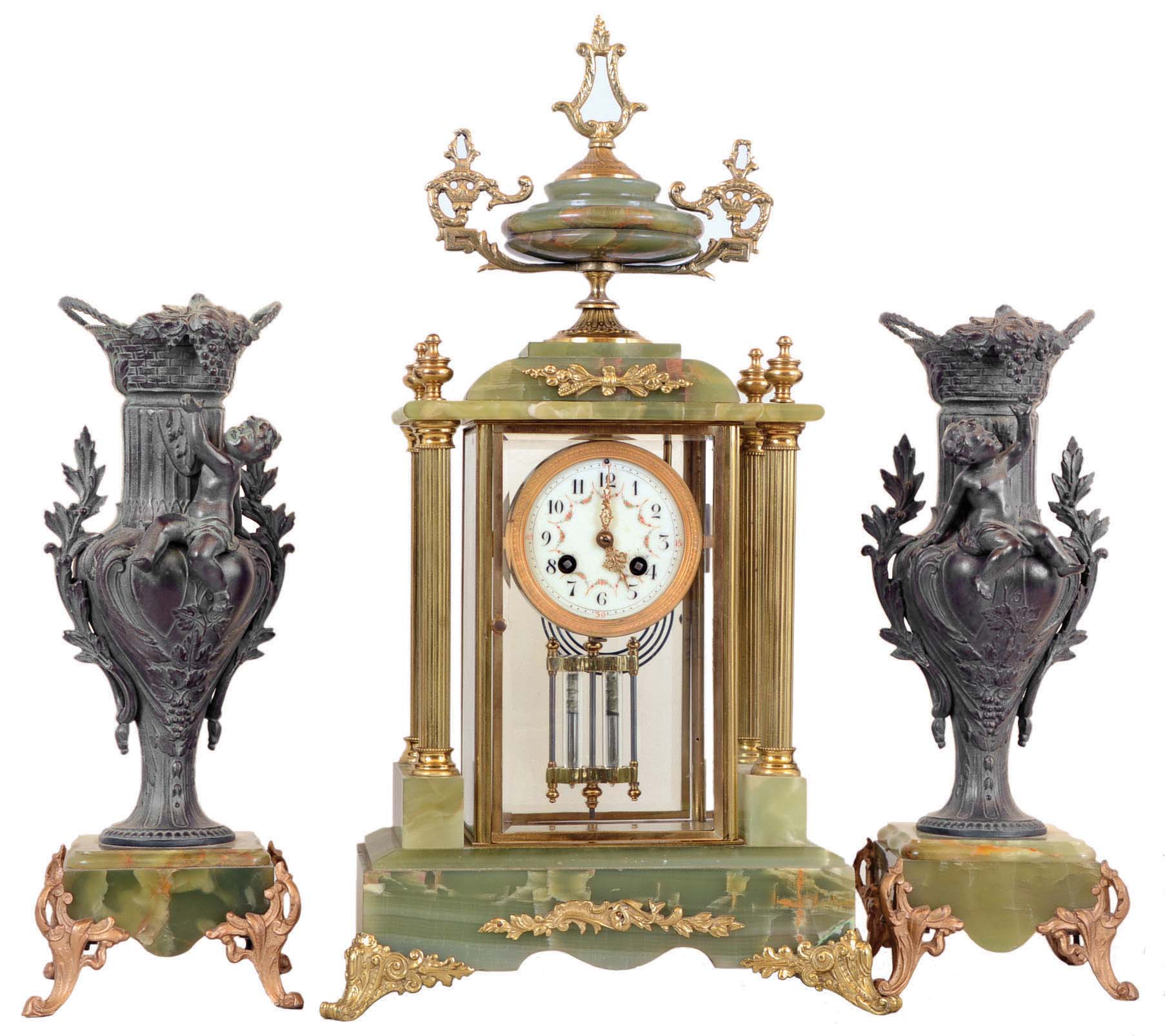 France, Crystal Regulator with green onyx and brass case. 8 day time and strike Japy Freres Medaille D'Honneur movement with rack &amp; snail half hour striking, two matching onyx and bronze garniture figural urns. — Antique Clocks Price Guide
