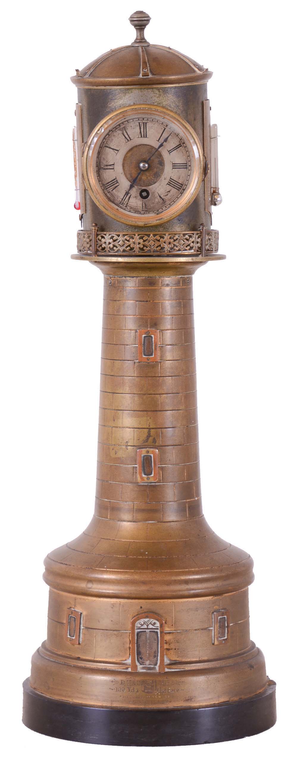 France, industrial series Lighthouse clock, the case of lighthouse form with revolving turret controlled by a movement concealed in the base, turret with railing surround and containing an 8 day timepiece, barometer, and also with farenheit and centigrade thermometers, front of base engraved "D.U.A.U. 1886 100 Yds. Flat Race 2nd Prize Won By C.R. Tillie" — Antique Clocks Price Guide