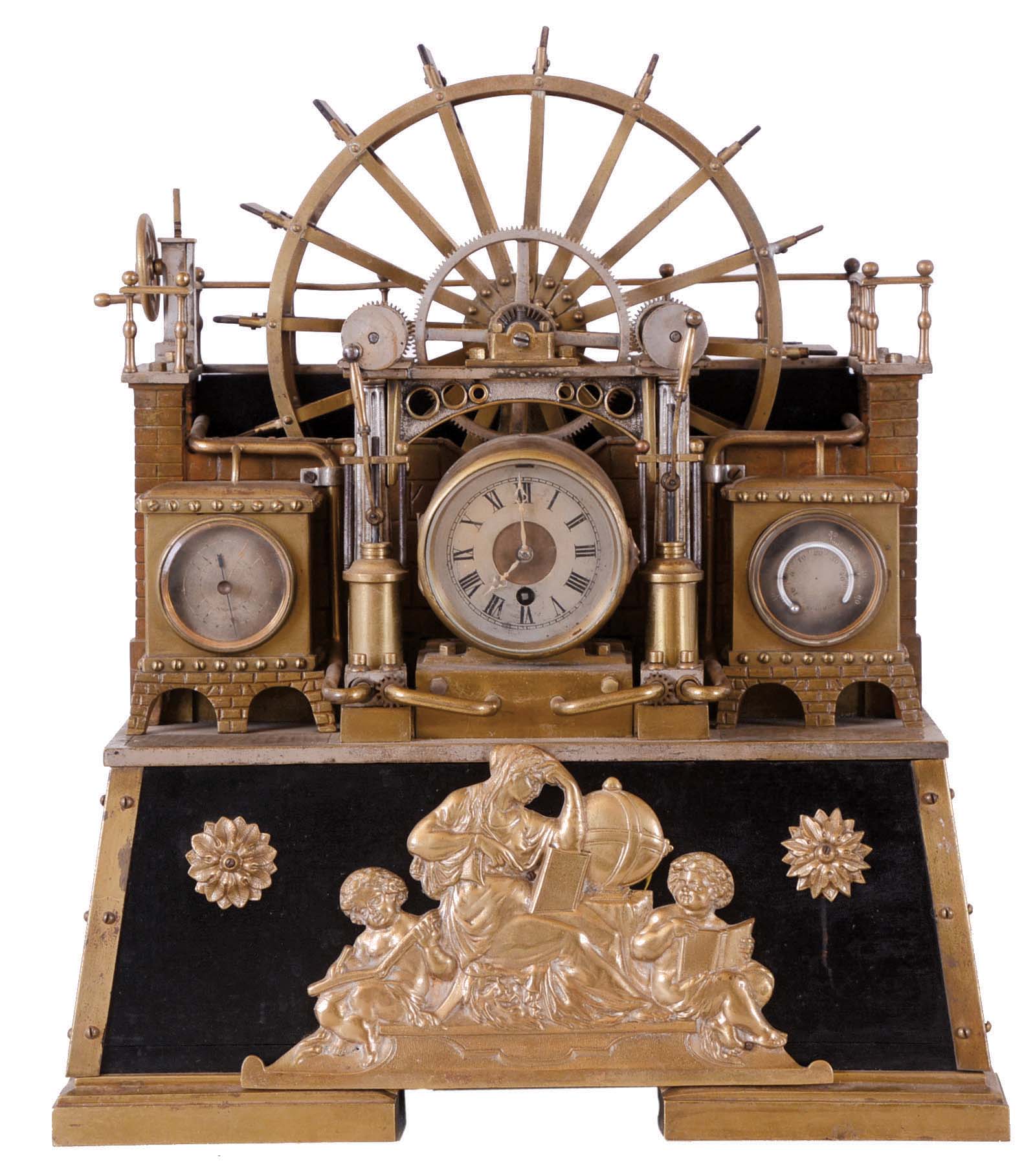 France, industrial series "Paddle Wheel" with alterations. Cast bronze, the mill wheel supported by two Ionic columns, and in a faux masonry mill race, driving two pistons flanking the 8 day timepiece, and with thermometer and barometer set in rectangular tanks at the right and left. — Antique Clocks Price Guide
