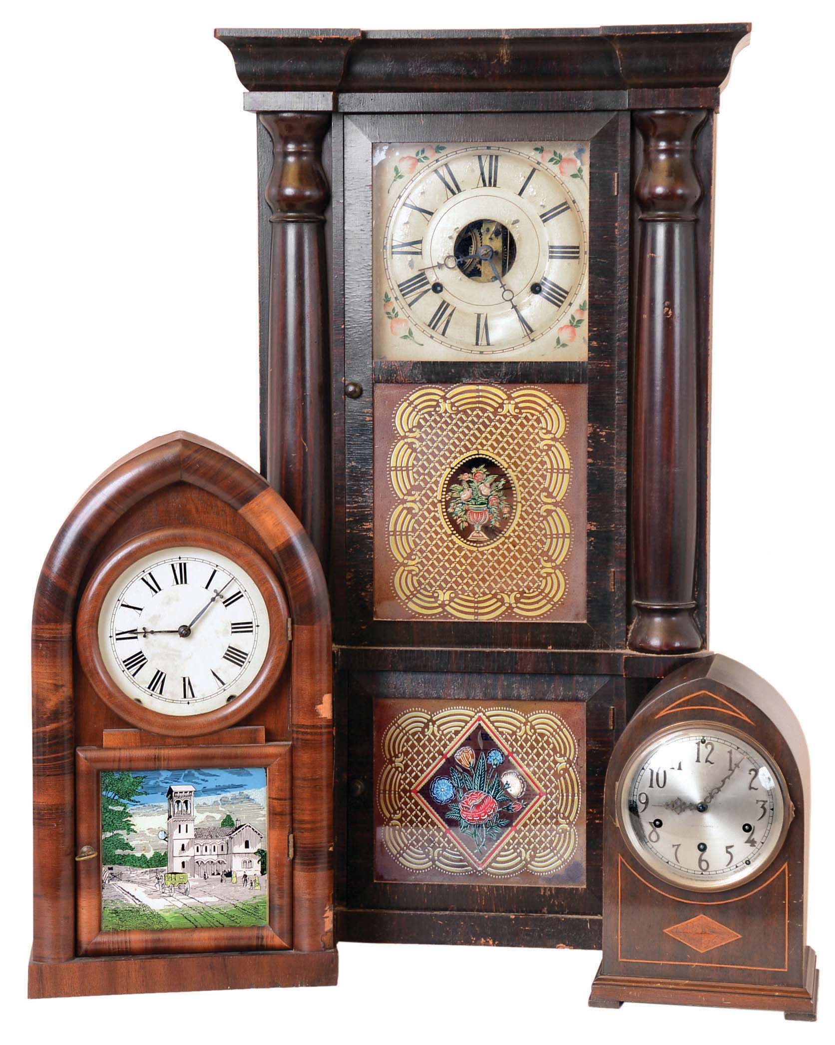Clocks- 6 (Six) Connecticut time and strike wood case mantel and shelf clocks: Seth Thomas, Thomaston, Conn., 8 day Westminster chime inlaid, c1920; Seth Thomas, Thomaston, Conn., "Shell Column" 30 hour weight driven half-column, c1870; William L. Gilbert, Winsted, Conn., 8 day tambour, c1930; Seth Thomas, Plymouth Hollow, Conn., 8 day "Rose Column" and cornice weight driven, c1865; Ansonia Clock Co., New York, 8 day "Malta" oak cabinet, c1901; Jerome &amp; Co. New Haven, Conn., 8 day beehive, c1860. — Antique Clocks Price Guide