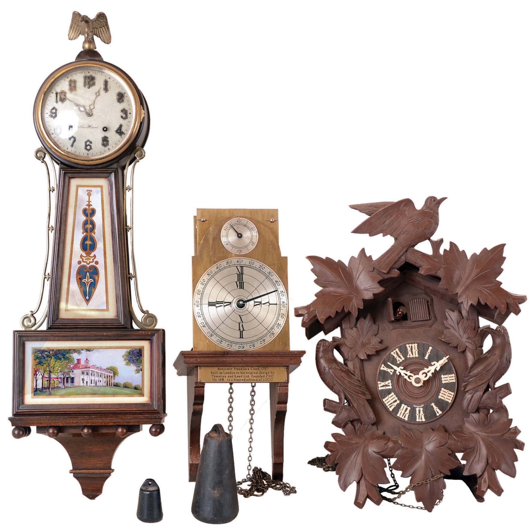 Clocks- 8 (Eight) wall: Thwaites &amp; Reed reproduction "Ben Franklin" 8 day three wheel weight driven timepiece, c1970; 2 German 30 hour cuckoos and 1 a cuckoo &amp; quail, c1910 &amp; later; Japanese Seikosha (current-day Seiko) 8 day time and strike school, c1910; German 8 day time and strike free-swinger, c1910; German spring wound 8 day time and strike Vienna Regulator. c1900; early and later 20th century — Antique Clocks Price Guide
