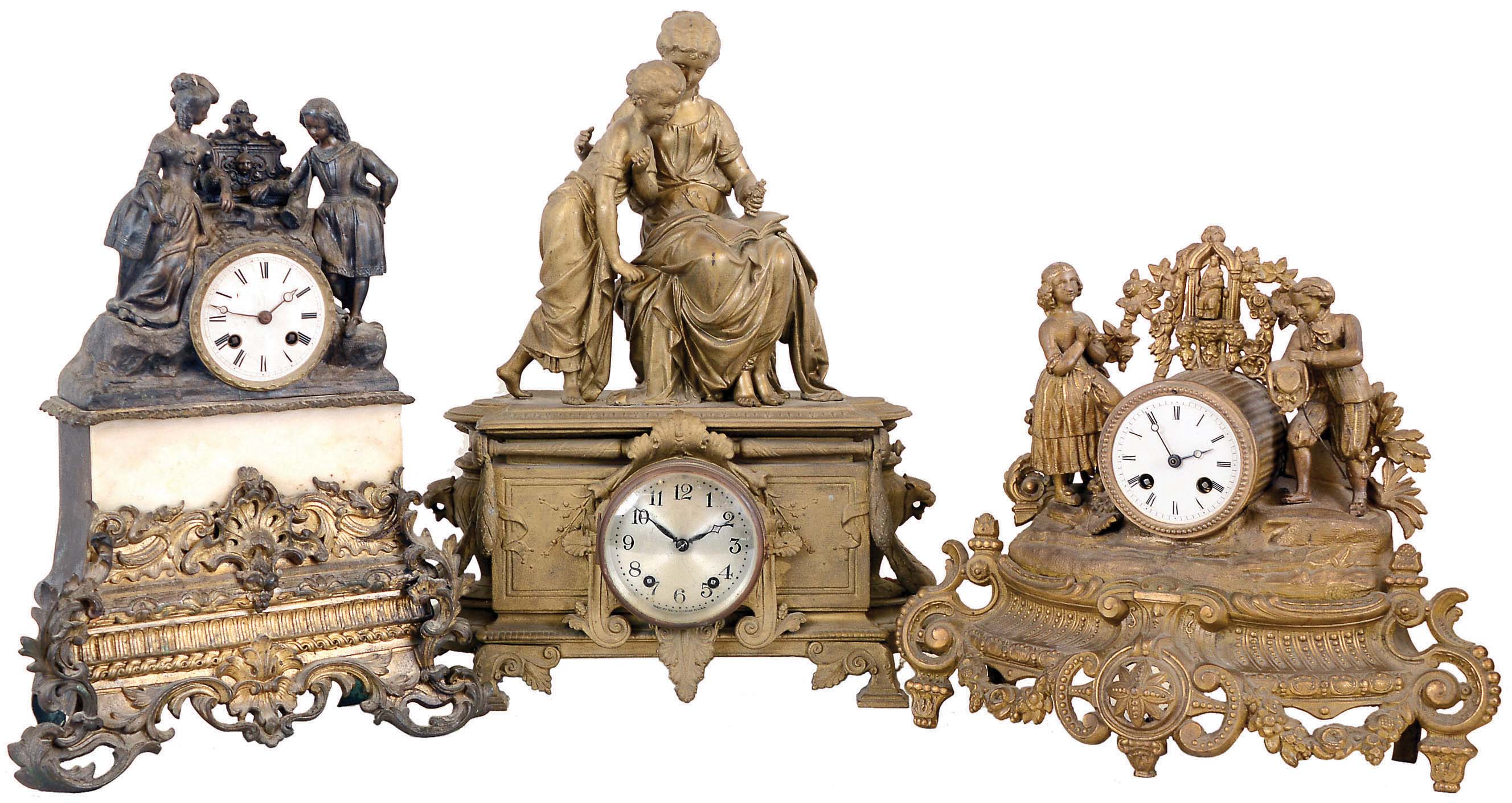 Clocks- 6 (Six): Seth Thomas Sons &amp; Co, New York, cast spelter 8 day time and strike double figural; Ansonia "La Savoie" 8 day time and strike porcelain, c1904; French cast spelter double praying figural 8 day with count wheel and bell striking, c1900; French cast metal and marble 8 day double standing figural with count wheel and bell striking, c1890; Hamburg American 30 hour with alarm shelf clock, c1910; porcelain case with modern 30 hour German movement — Antique Clocks Price Guide