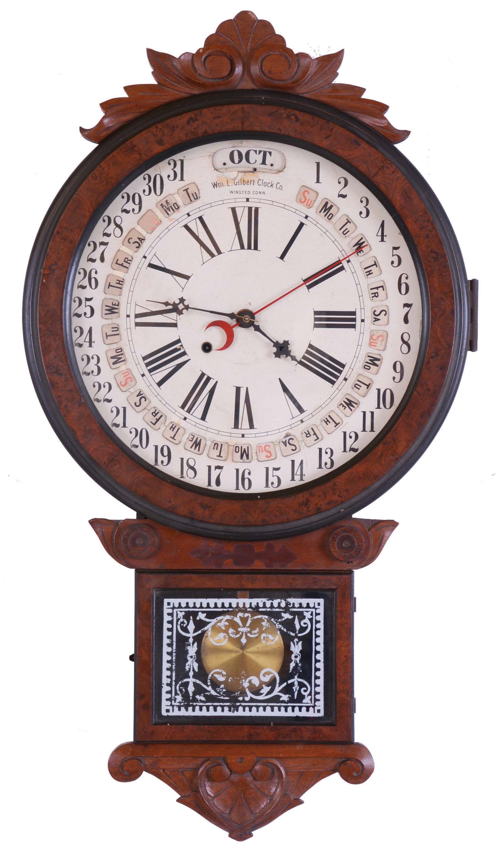 William L. Gilbert Clock Co., Winsted, Conn., "Office Drop Calendar", 8 day, spring brass movement with Gilbert's calendar (which evaded Maranville's patent) wall timepiece. — Antique Clocks Price Guide