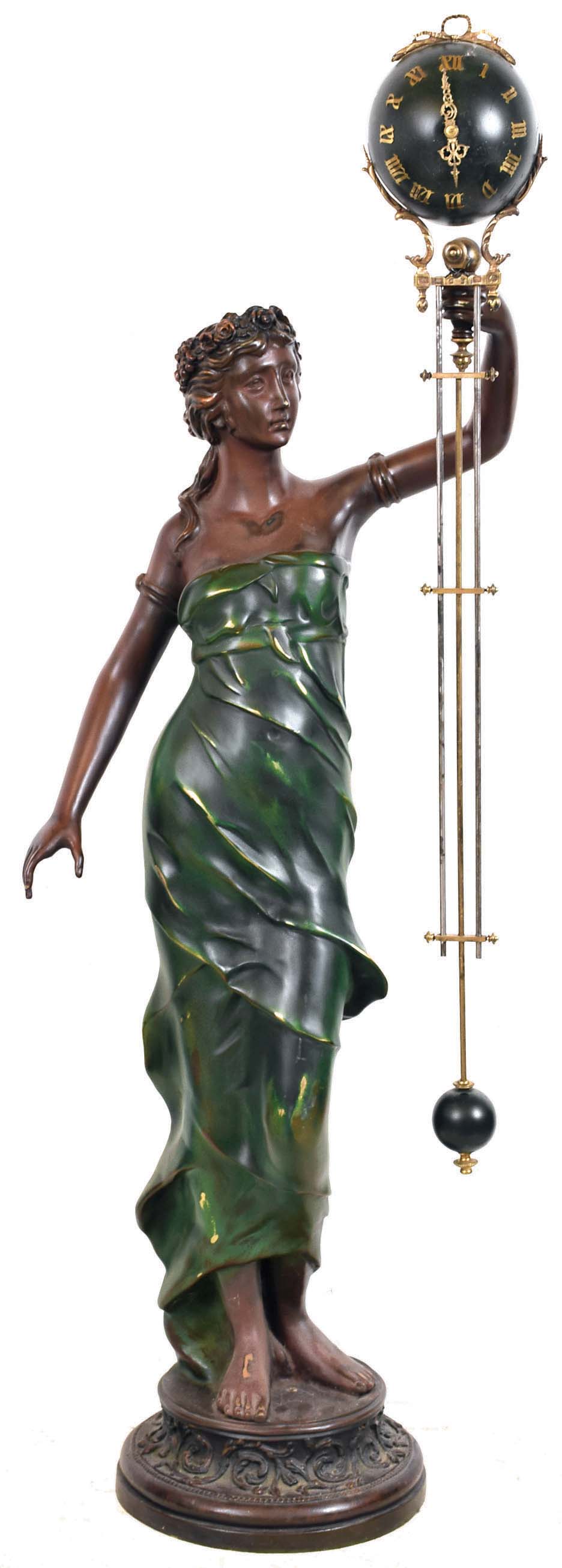 Figural swinger, extremely large and heavy cast in brass, 8 days, time only, spring driven period movement in a 48in long swinging arm mounted on a reproduction brass female figure resting on a circular base — Antique Clocks Price Guide