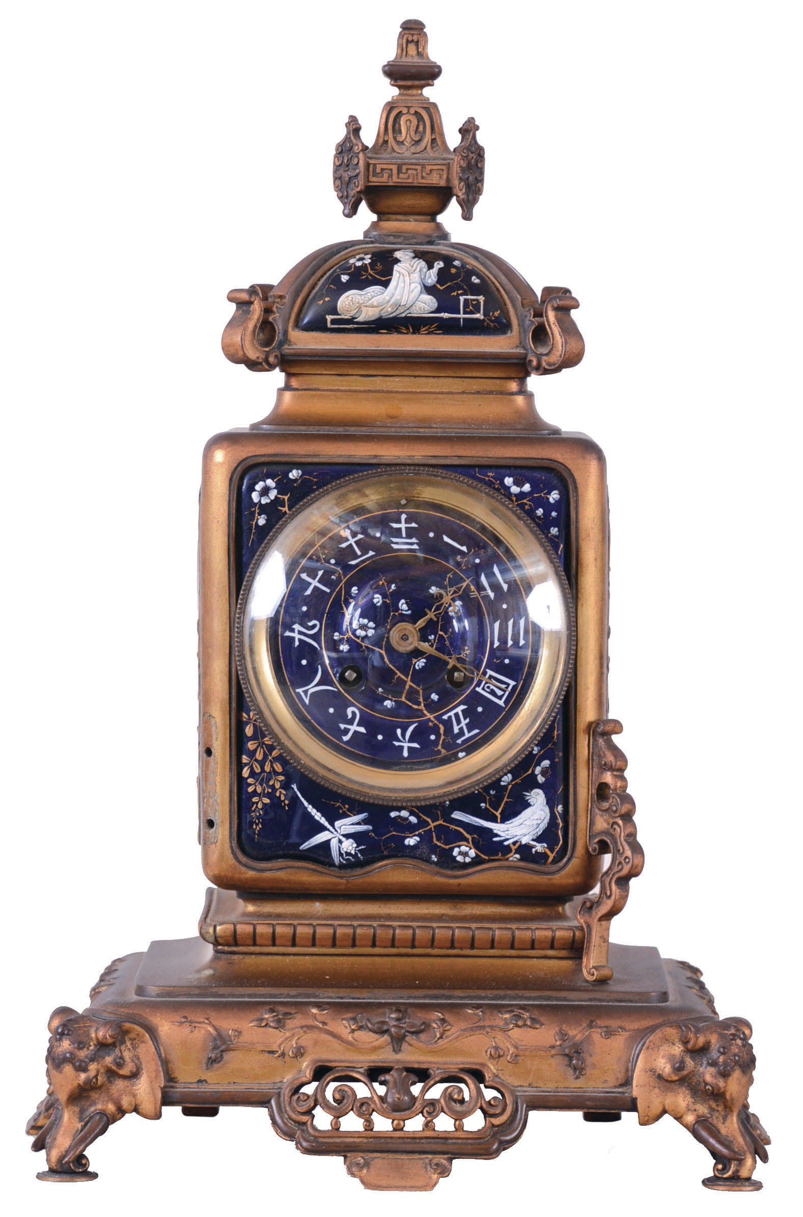 Japy Freres, Paris, France, mantel clock for the Asian market, 8 days, time and gong strike, spring driven movement with Japy Freres Medal D'Or stamp in a brass case with decorative blue painted porcelain panels featuring Japanese garden motif and matching dial and insets and pendulum regulation through the dial above 12. — Antique Clocks Price Guide