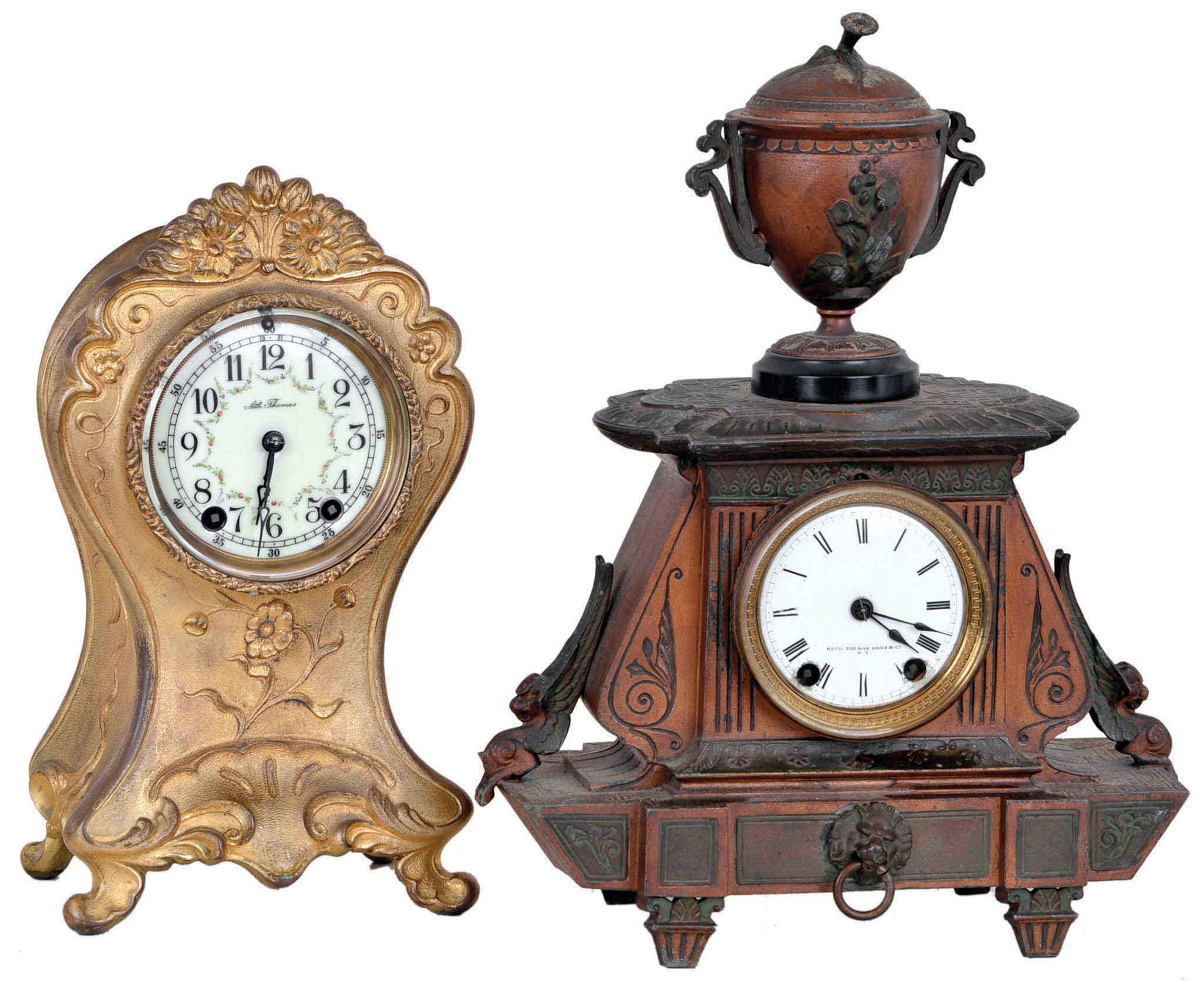 Clocks- 2 (Two): (1) Seth Thomas Clock Co., Thomaston, Conn., "La Norma Special", 8 day, time and strike spring brass movement metal case mantel clock. c1905 (2) Seth Thomas Sons &amp; Co., New York, "No 8024", 15 day, time and strike spring brass movement mantel clock. c1872 — Antique Clocks Price Guide