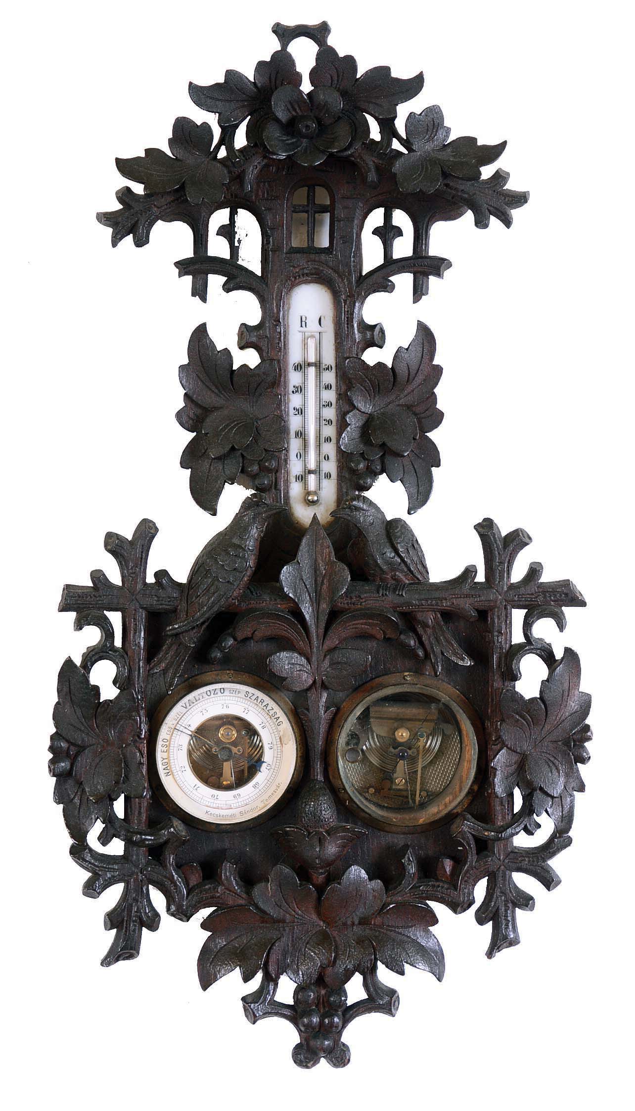 Weather station- barometer, thermometer and hygrometer with Hungarian script in Black Forest carved case with birds, floral and foliate decorations. — Antique Clocks Price Guide
