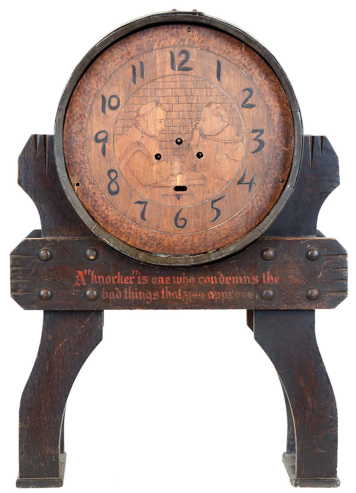 Barrel Clock, by C. A. Warner and Co., New York, NY, with Waterbury 8 day, time and strike movement. — Antique Clocks Price Guide