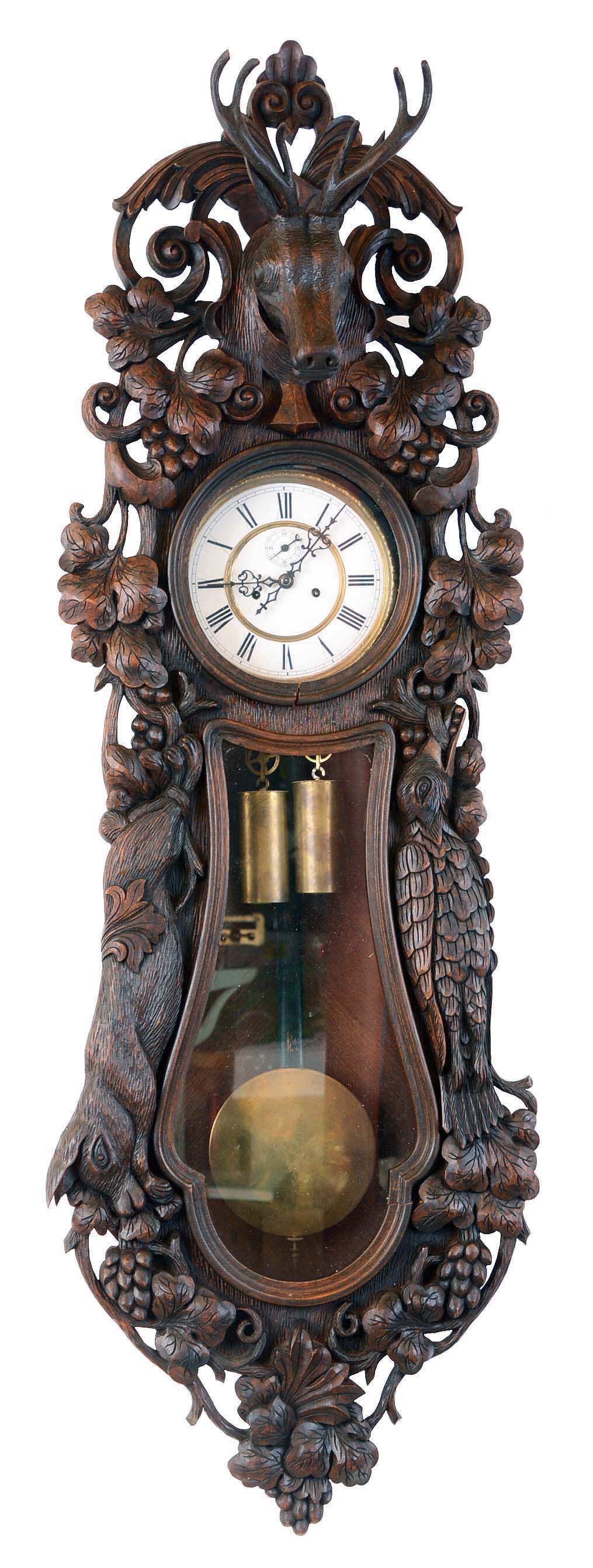 Vienna regulator wall clock, 8 day, time and strike, weight driven movement in an bench made carved case surmounted by deer head, movement circa 1870, case 20th century — Antique Clocks Price Guide
