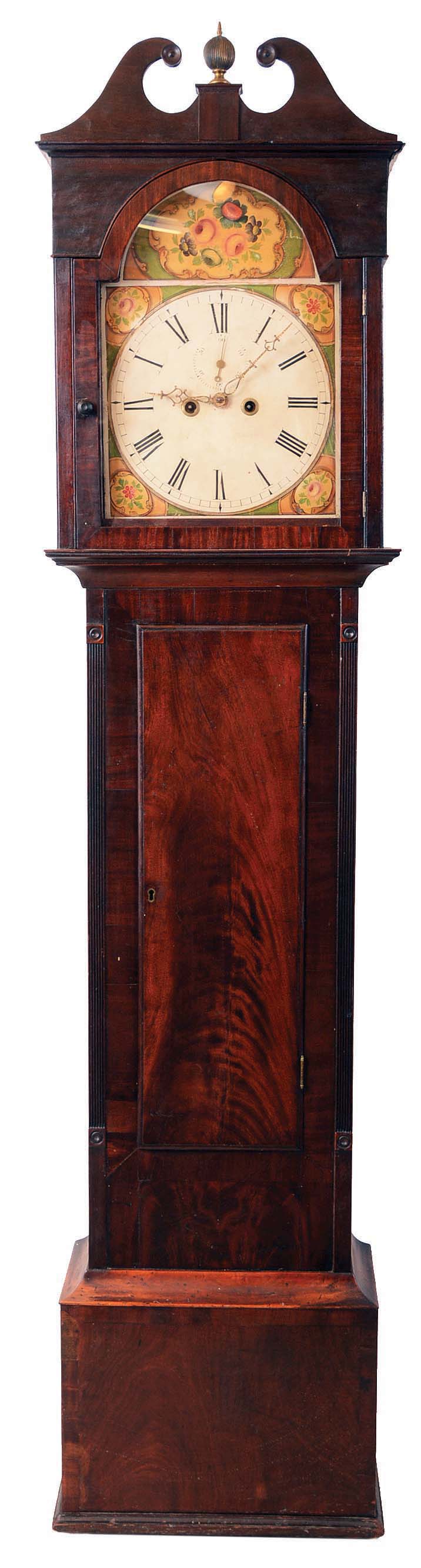 Unsigned English tall clock, 8 day, time and bell strike weight driven movement in a mahogany and mahogany veneer case with painted metal dial with second's bit and brass hands. — Antique Clocks Price Guide