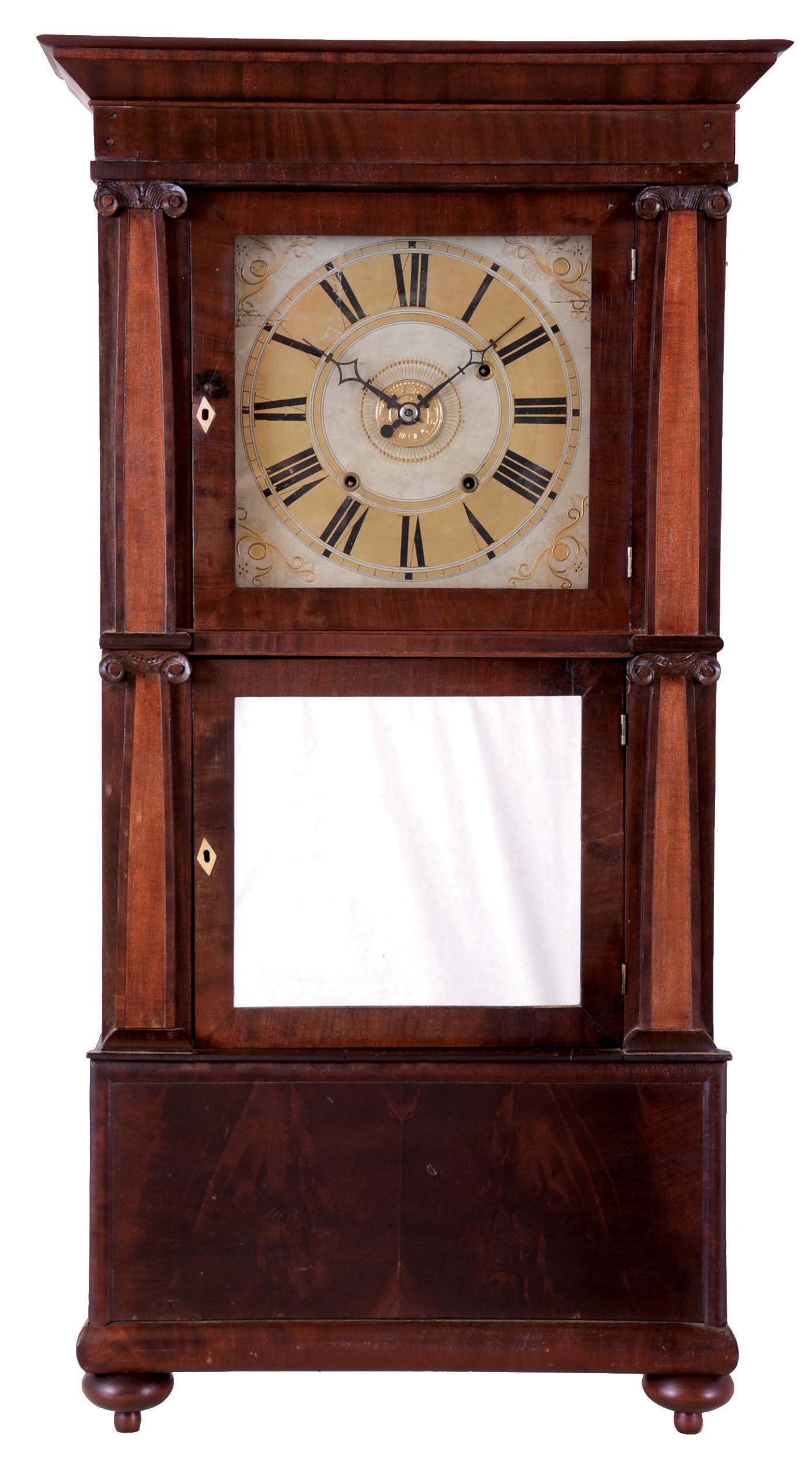 Rodney Brace, North Bridgewater, Mass., shelf clock with a weight driven Terry-style 30 hour time and strike and alarm wooden works movement in a triple decker pilaster and cornice top mahogany veneered case. — Antique Clocks Price Guide