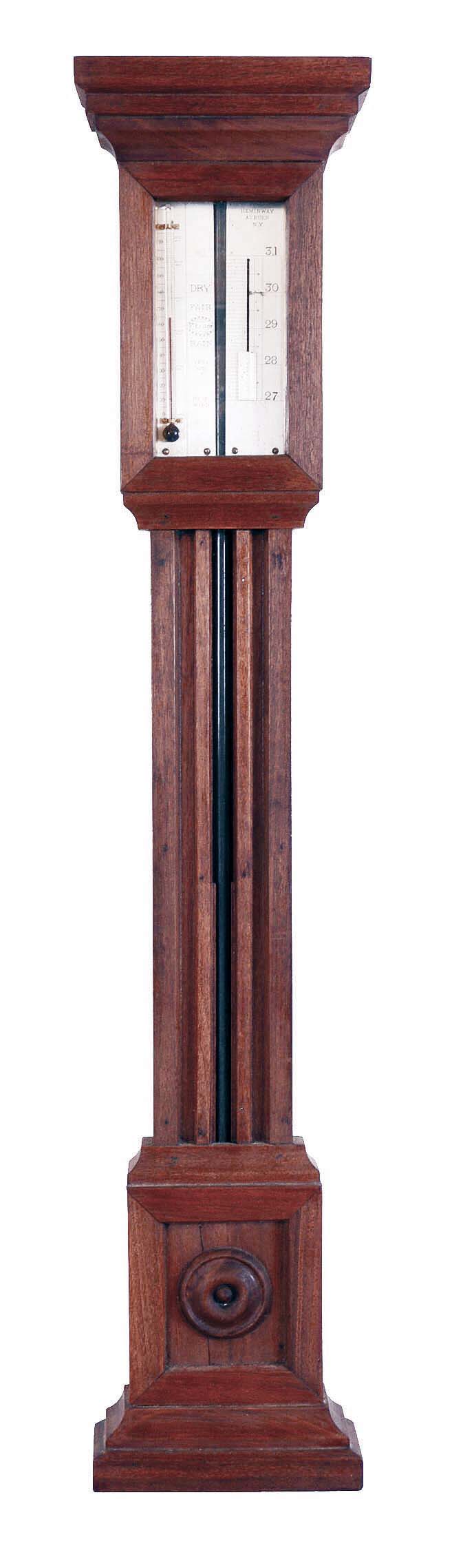 Hemingway Auburn, NY mercury stick barometer with thermometer in mahogany case with silvered scales. — Antique Clocks Price Guide