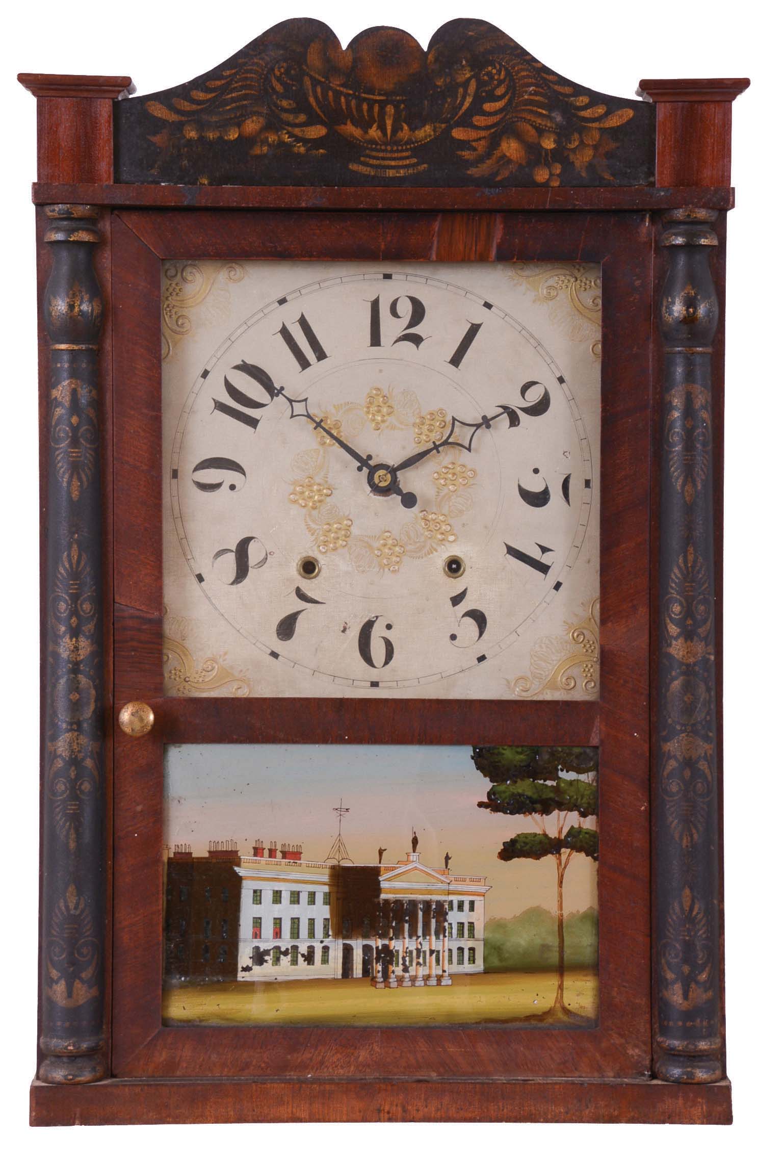 Riley Whiting, Winchester, Conn., short cased mantel clock with a weight driven 30 hour time and strike wooden works movement in a mahogany veneered case. — Antique Clocks Price Guide