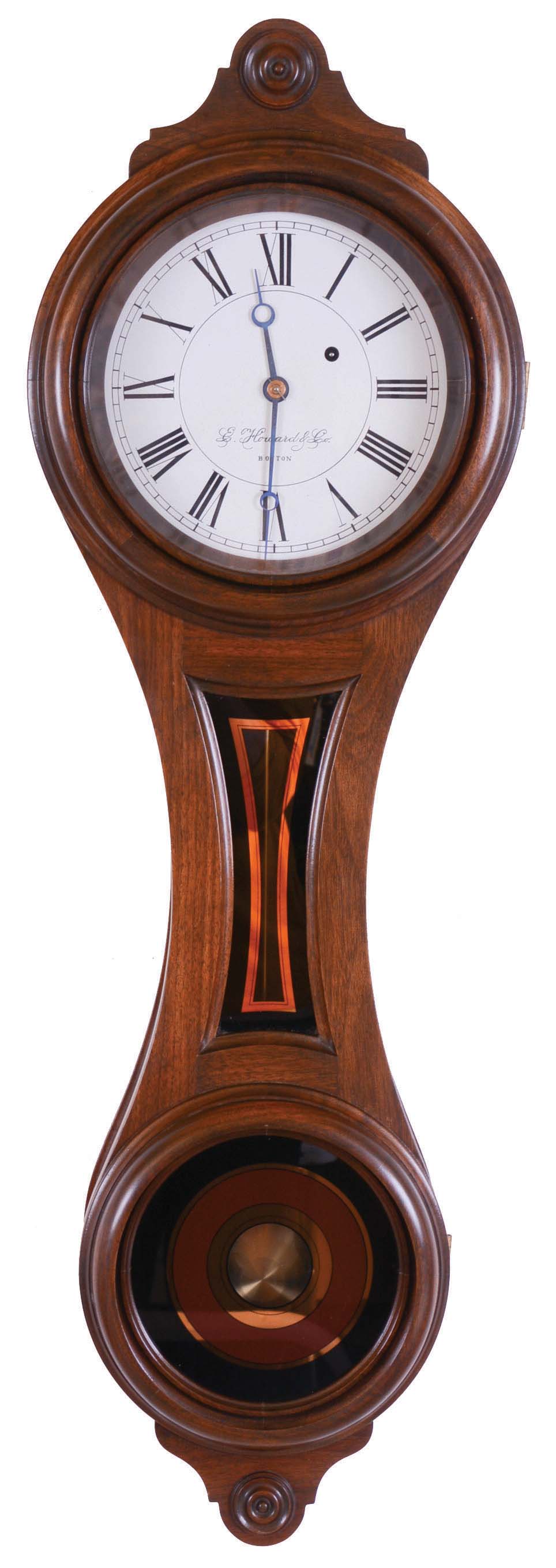 E. Howard &amp; Co., Boston, Mass., reissue "Regulator No. 10", walnut, 8 day, time only weight driven figure 8 banjo wall clock, dated 1981 — Antique Clocks Price Guide