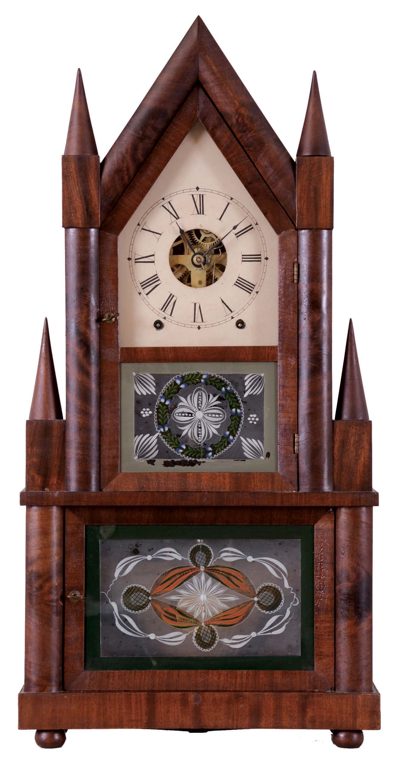 Birge &amp; Fuller, Bristol, Conn., retailed by J. J. Beals, Boston, Mass. 8 day, time and strike spring brass wagon spring movement steeple on frame or double steeple shelf clock. — Antique Clocks Price Guide