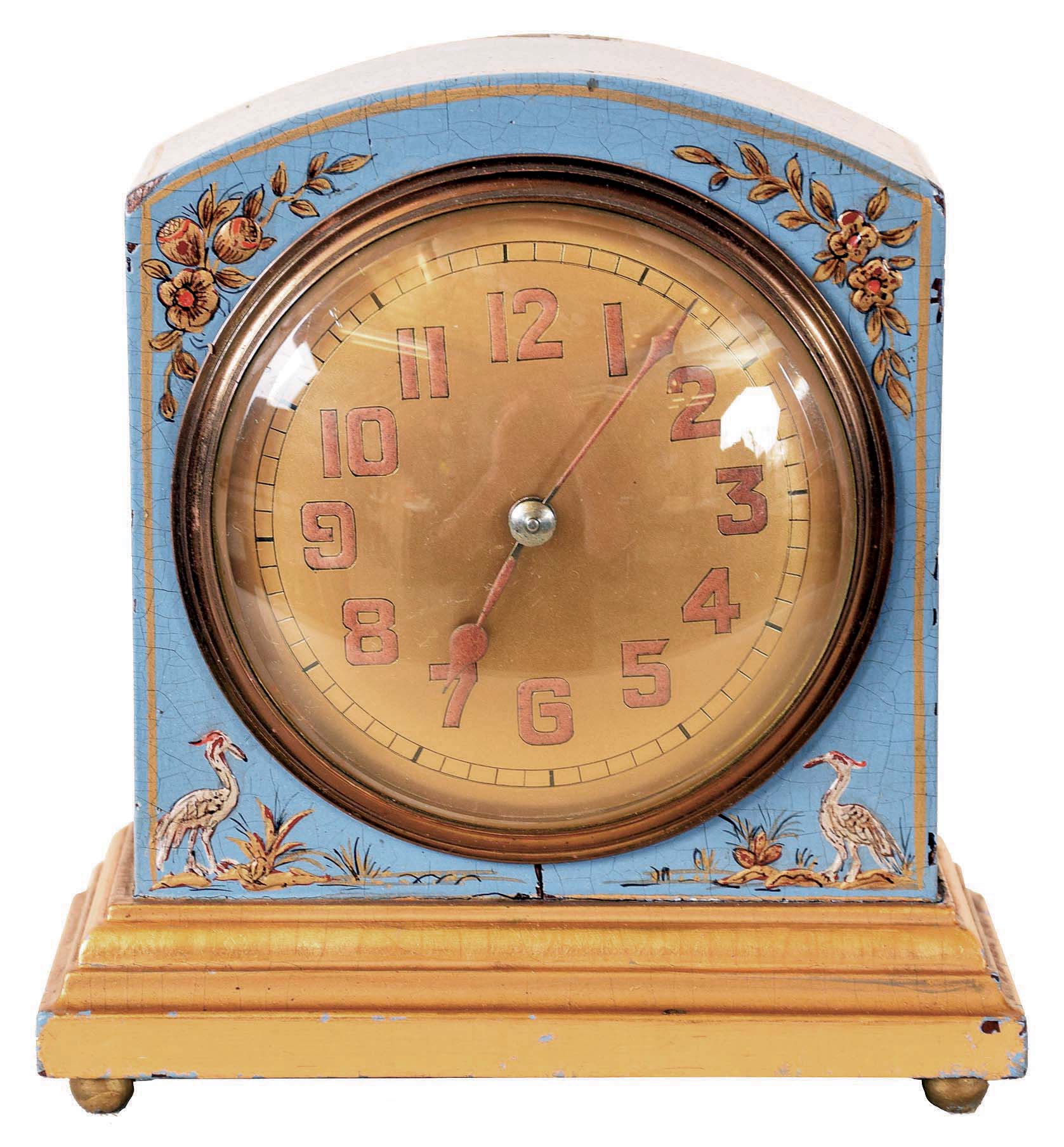 Duverdrey &amp; Bloquel, France, desk or bedside clock, blue lacquered case with chinoiserie decoration on a gilt, molded base, luminous Arabic numeral metal dial, luminous steel hands, 8 day, 11 jewel timepiece movement with lever platform — Antique Clocks Price Guide