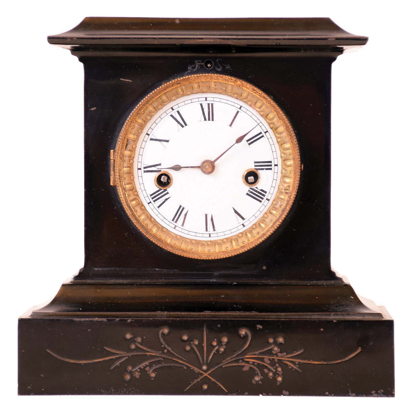 E. N. Welch Mfg. Co., Forestville, Conn., "No. 9 Iron" mantel clock with 8 day time &amp; strike baby Patti movement. — Antique Clocks Price Guide
