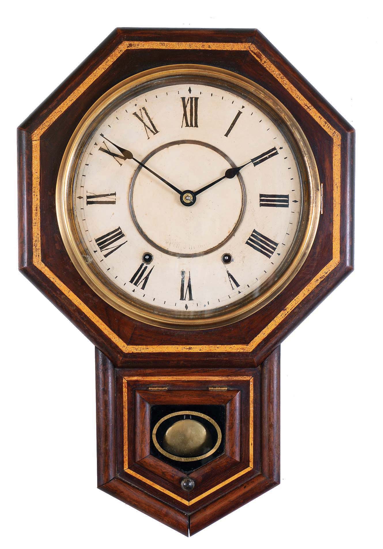 Clocks- 2 (Two): (1) Ansonia Clock Co., New York, NY, "Office Regulator" wall hanging clock with a spring driven 8 day time and hour strike movement in a black walnut case. (2) Seth Thomas Clock Co, Thomaston, Conn., "10 Inch Drop Octagon Gilt" wall hanging clock with a spring driven 8 day time and strike movement in a polished mahogany veneer case. — Antique Clocks Price Guide