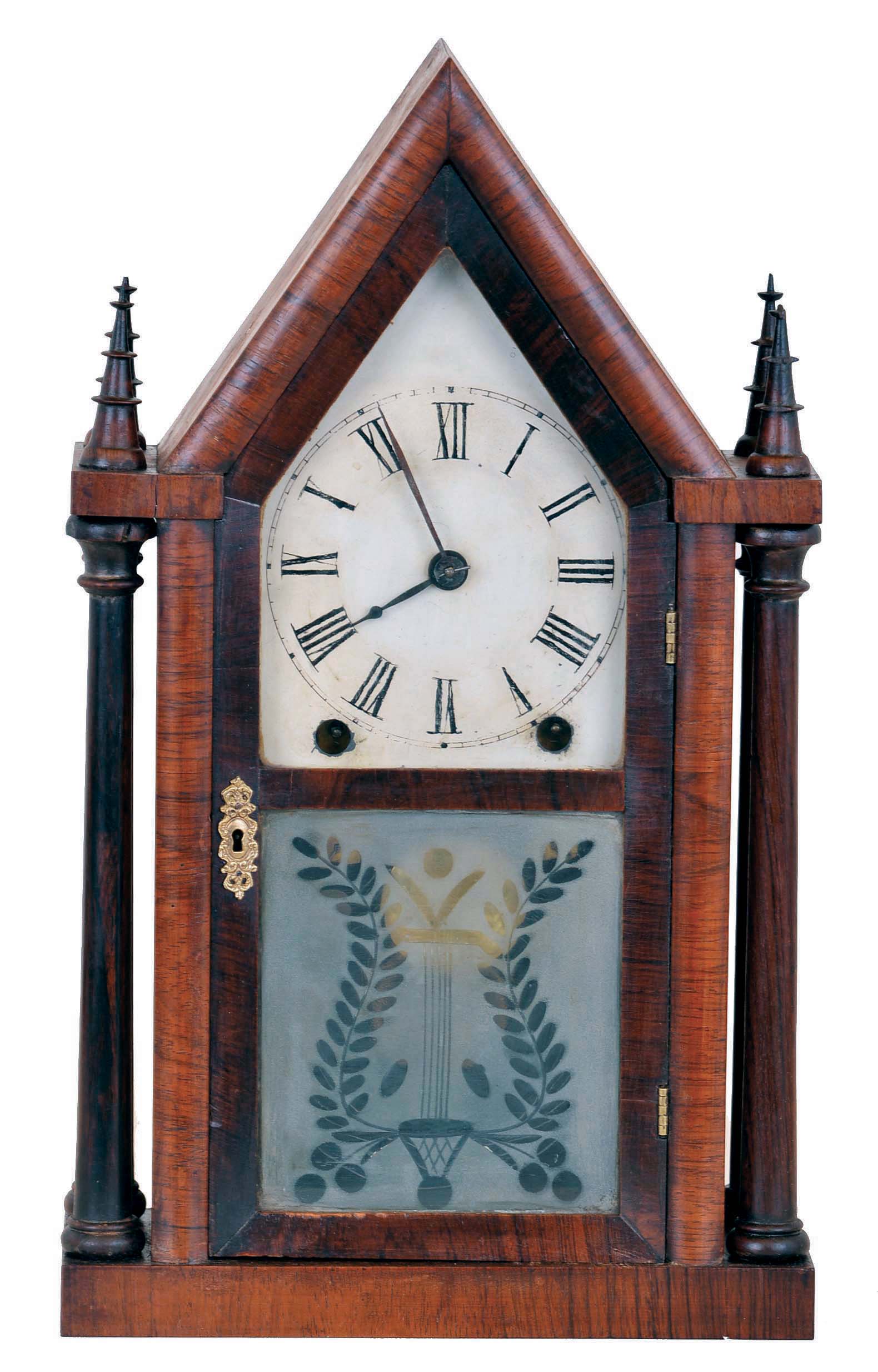 Brewster &amp; Ingrahams, Bristol, Conn., 8 day 4-column "Sharp Gothic" or "steeple" clock with cut glass tablet. — Antique Clocks Price Guide