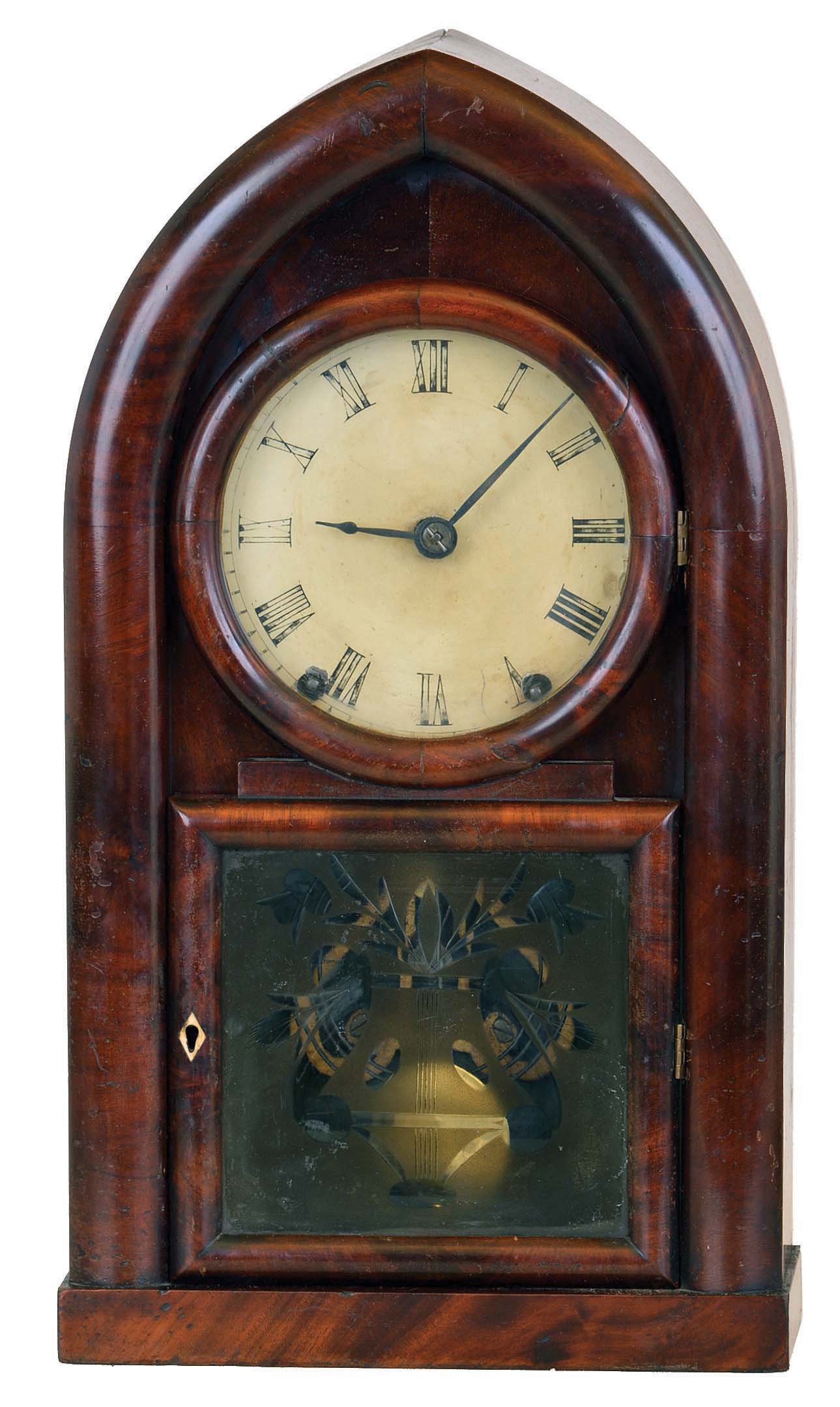 Brewster &amp; Ingrahams, Bristol, Conn., 8 day "Round Gothic" or "beehive" clock with repeating movement and nice cut glass tablet. — Antique Clocks Price Guide