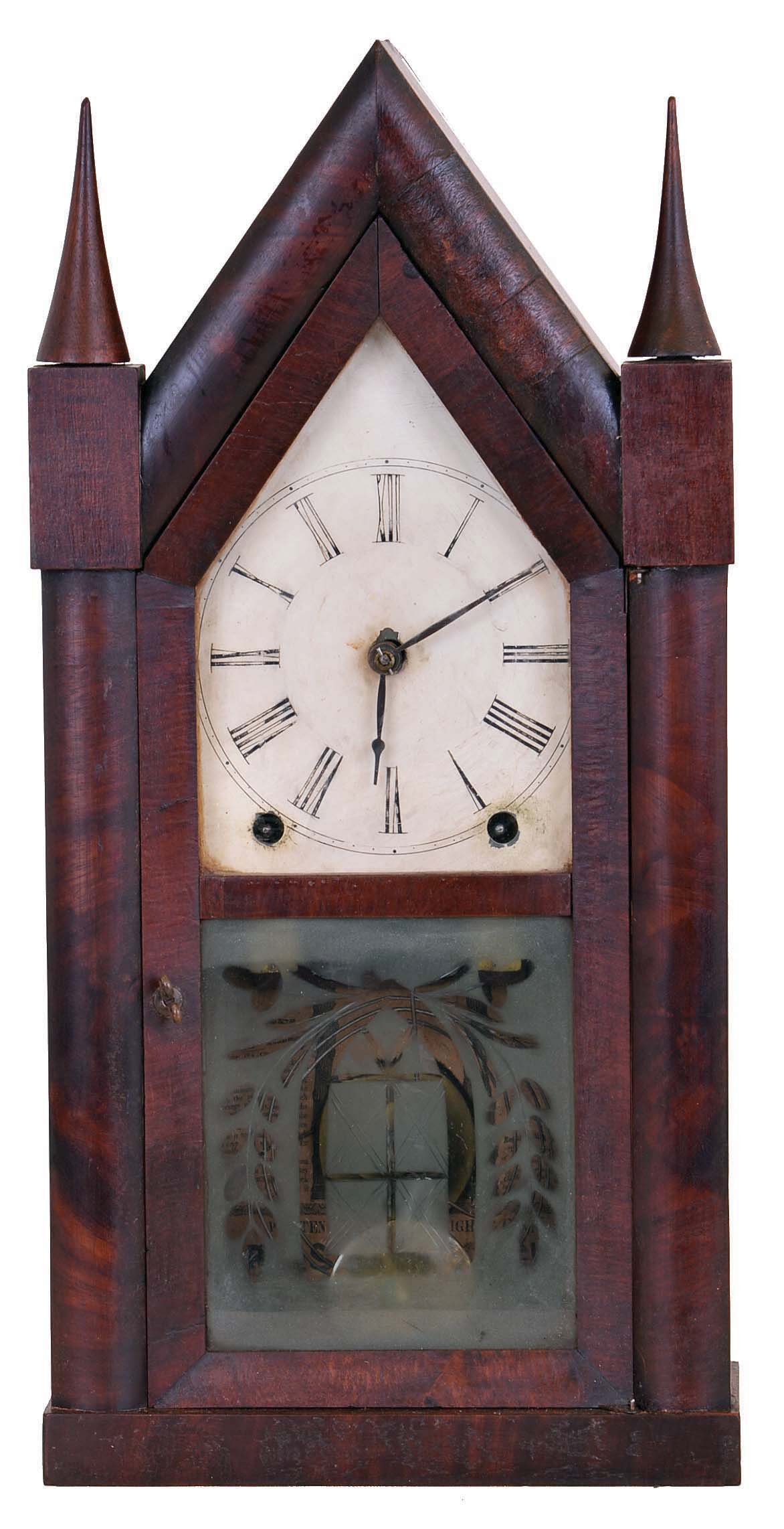 Brewster &amp; Ingrahams, Bristol, Conn., 8 day "Sharp Gothic" or "steeple" clock with very nice cut glass tablet. — Antique Clocks Price Guide