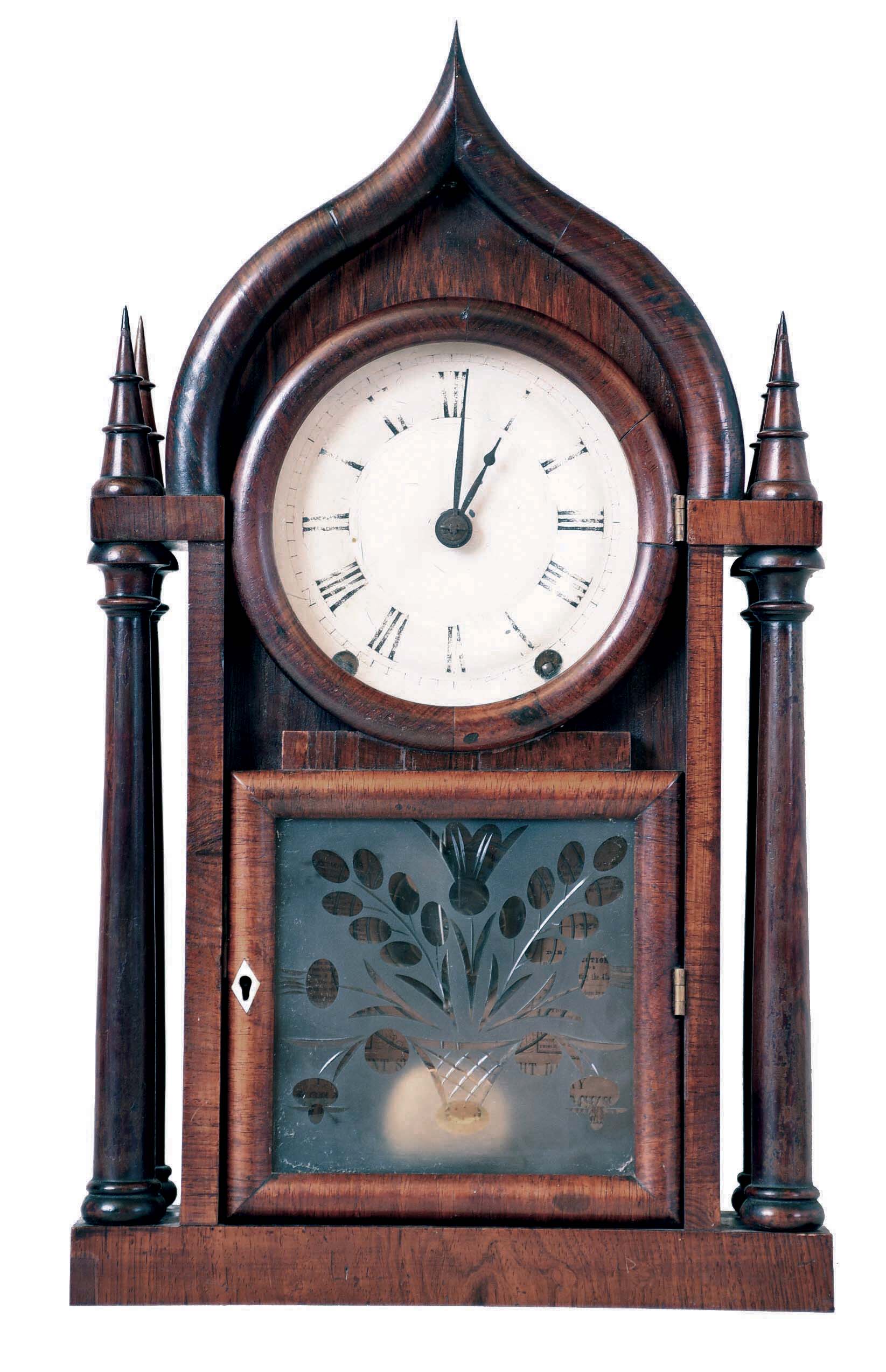 Brewster &amp; Ingrahams, Bristol, CT, 8 day brass spring "Ogee Gothic" or "Onion top" shelf clock with repeating strike and nice cut glass tablet. — Antique Clocks Price Guide