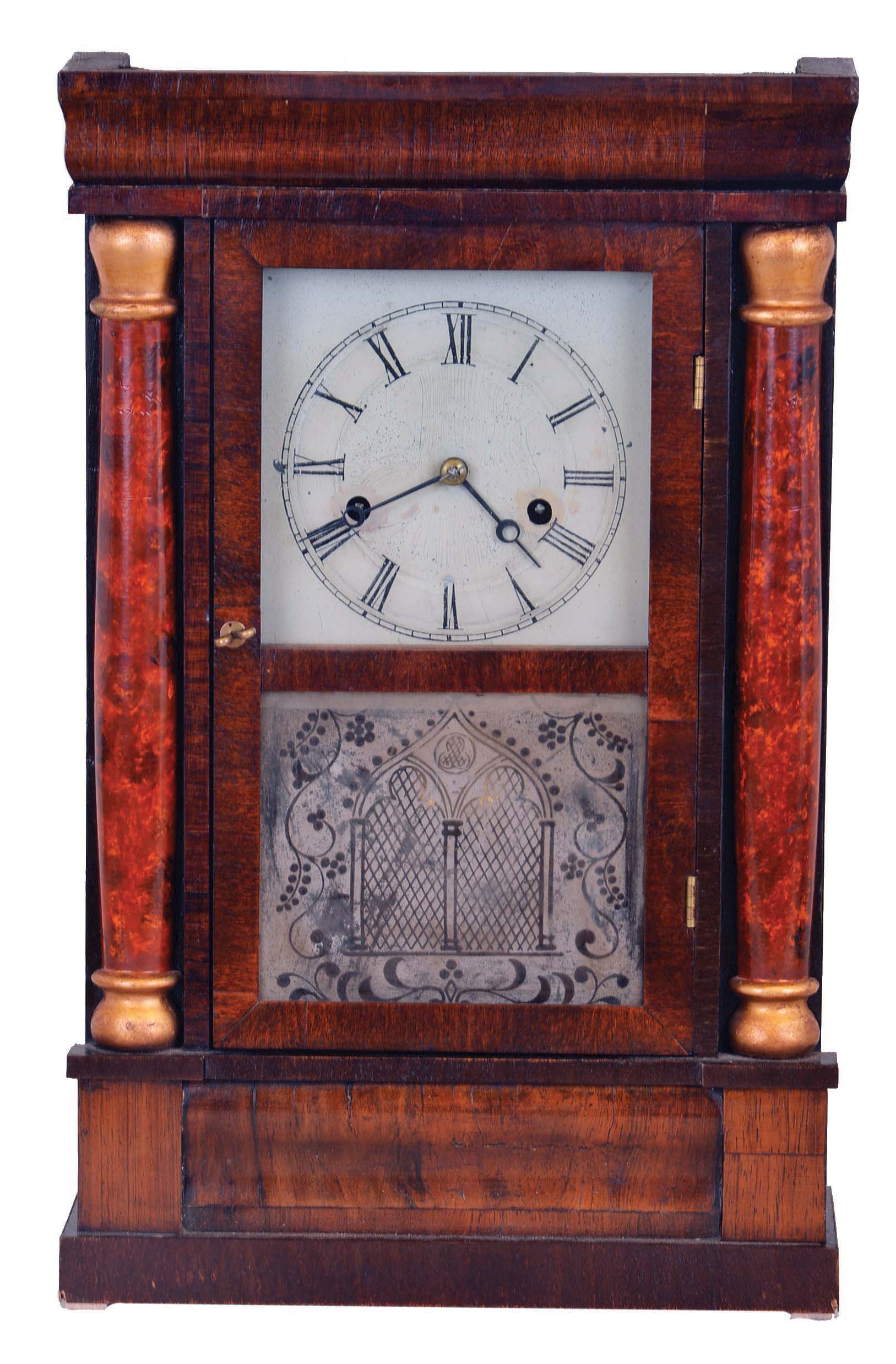 Chauncey Jerome, New Haven, Conn., 30 hour brass movement miniature Empire Column &amp; cornice mantel clock — Antique Clocks Price Guide