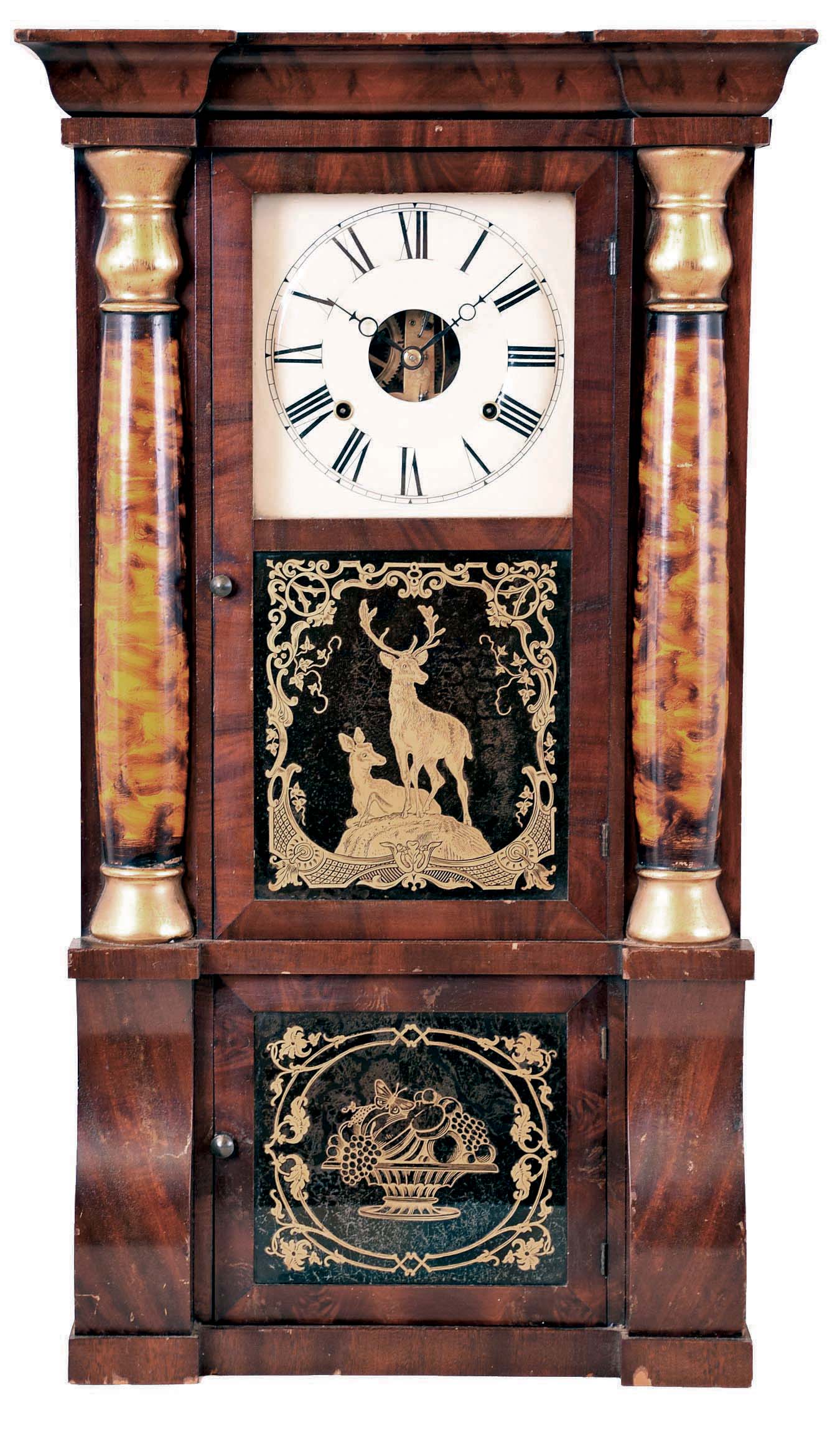 Seth Thomas Clock Co., Thomaston, Conn., Empire case "Shell Column" 8 day Column &amp; Cornice shelf clock. — Antique Clocks Price Guide