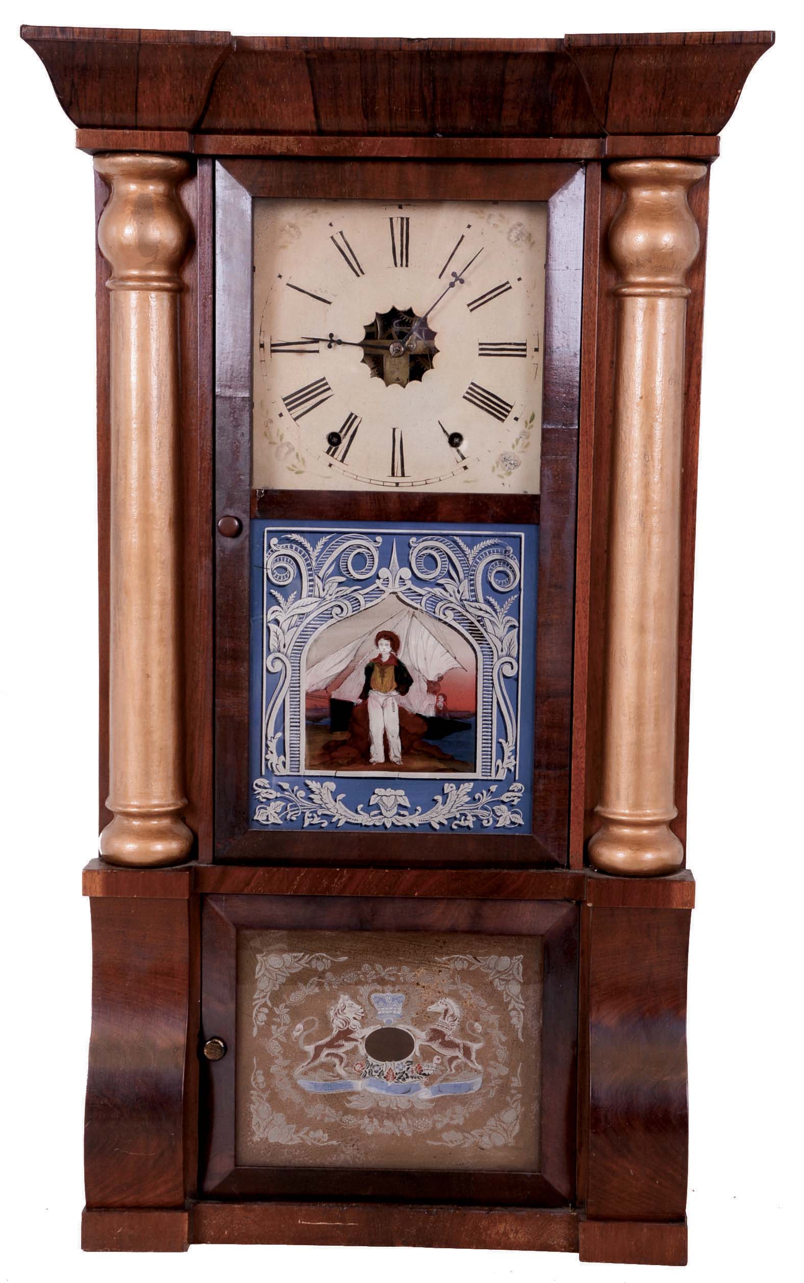 William L. Gilbert Clock Co., Winsted, Conn., 8 day, time and strike weight brass movement column &amp; cornice shelf clock. — Antique Clocks Price Guide