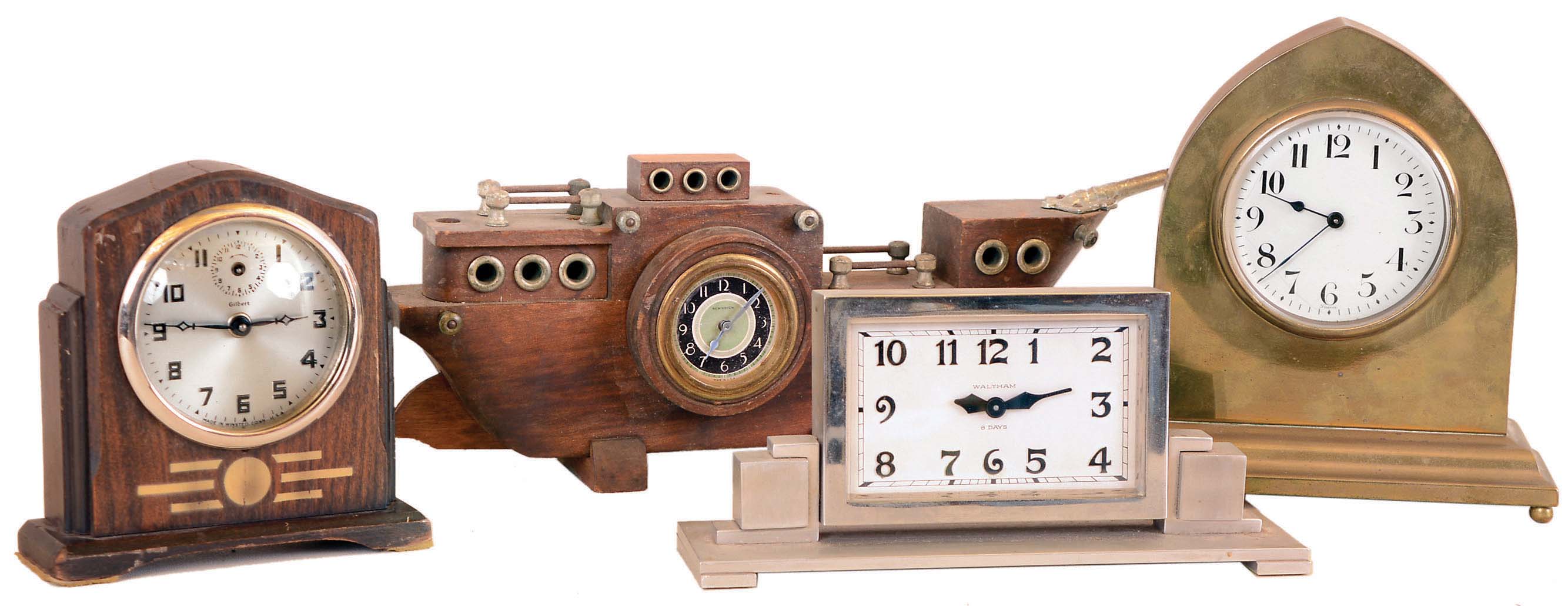 Clocks- 4 (Four) rear-wind time only desk clocks: Gilbert Art Deco style 30 hour with alarm; French 8 day brass with cylinder platform; New Haven 30 hour ship; Waltham nickel-plate 8 day Art Deco style; early 20th century — Antique Clocks Price Guide