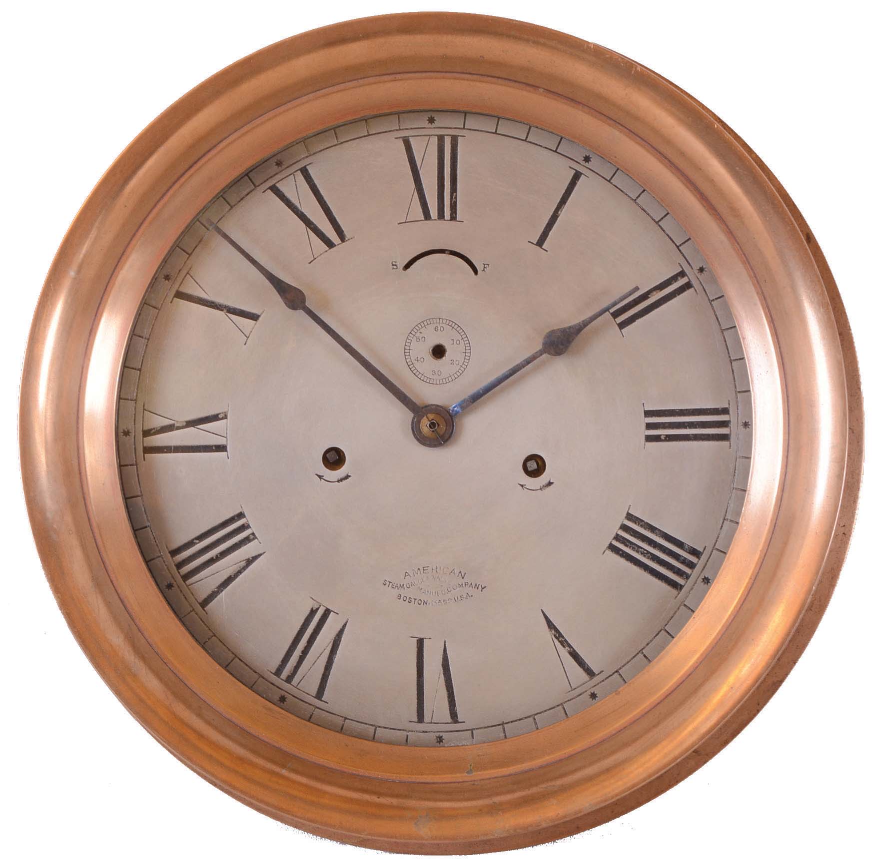 American Steam Gauge &amp; Valve Manufacturing Co., Boston, Mass., Mass. 10 in. dial. 8 day, spring brass lever timepiece with Seth Thomas Clock Co. movement. — Antique Clocks Price Guide