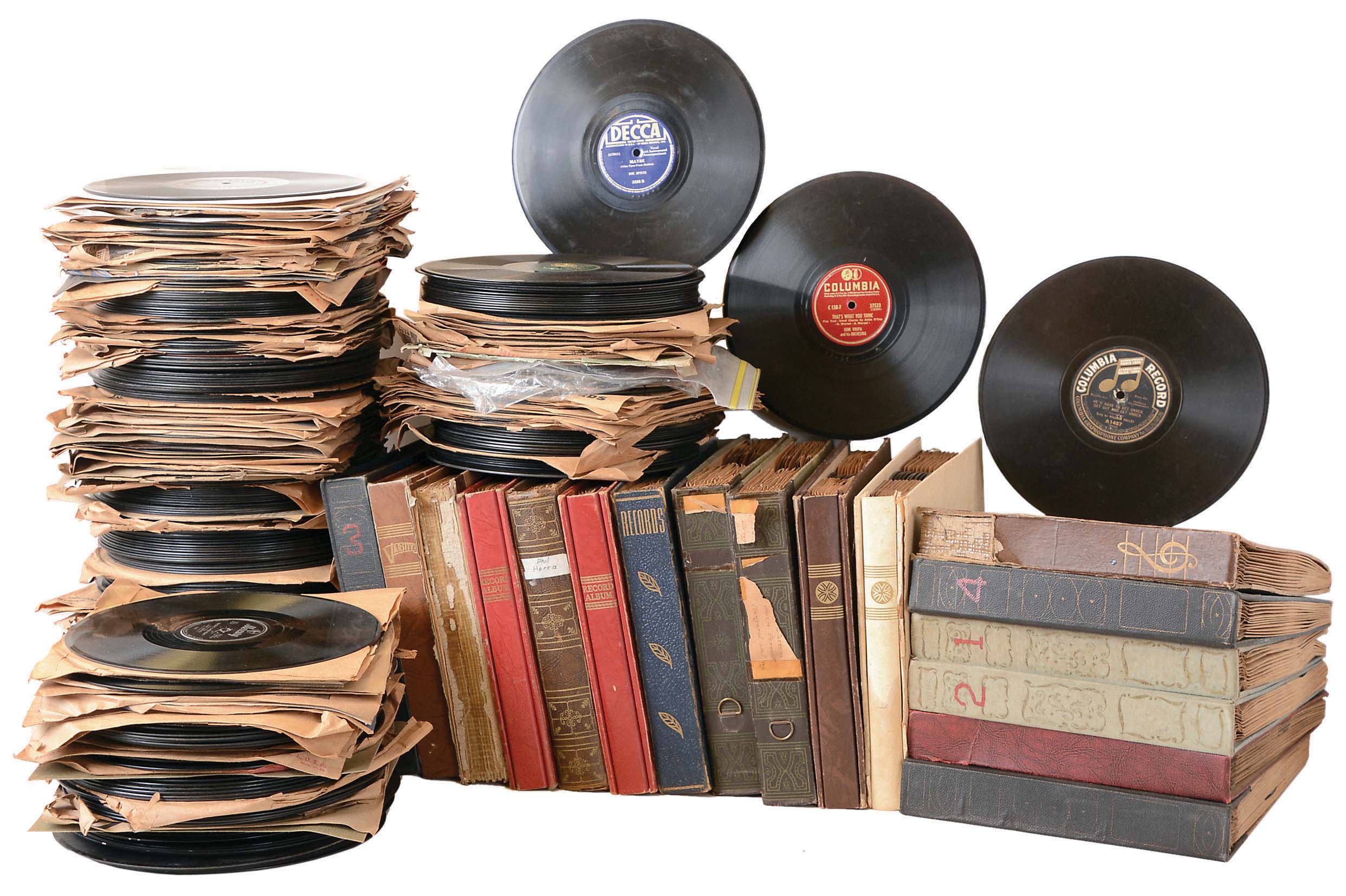Seventeen (17) record holders with approximately ten records each plus a loose lot of 345 loose records by Victor, Columbia, Okeh, Decca, and many other labels. All 10 inch diameter 78 rpm double sided records. Approximately 500 records total. These are from an old collection and have not been picked through. — Antique Clocks Price Guide