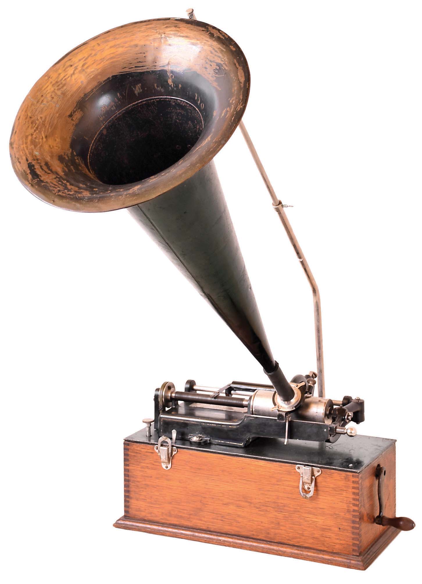 Thomas A. Edison, East Orange, NJ. Early "Home" phonograph, often called a "Suitcase Home". Included is a black and brass 24" horn with an 11 1/2" brass bell. — Antique Clocks Price Guide