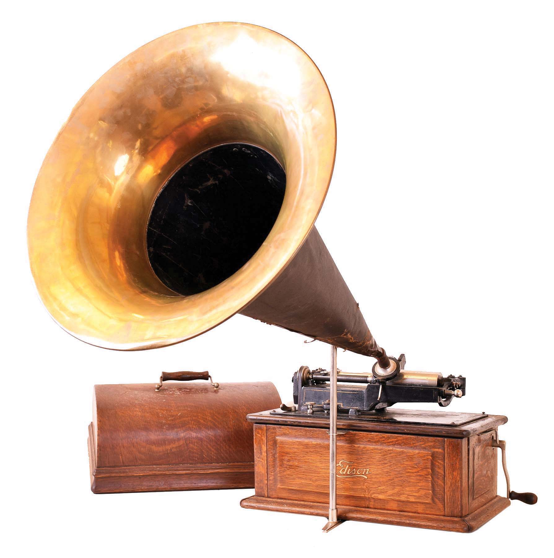 Thomas A. Edison, East Orange, NJ. "Triumph" model phonograph serial #H1-01157 with 30" long horn with 20" brass bell. It has Edison's device to allow it to now play 2 &amp; 4 minute records with the appropriate reproducer. — Antique Clocks Price Guide