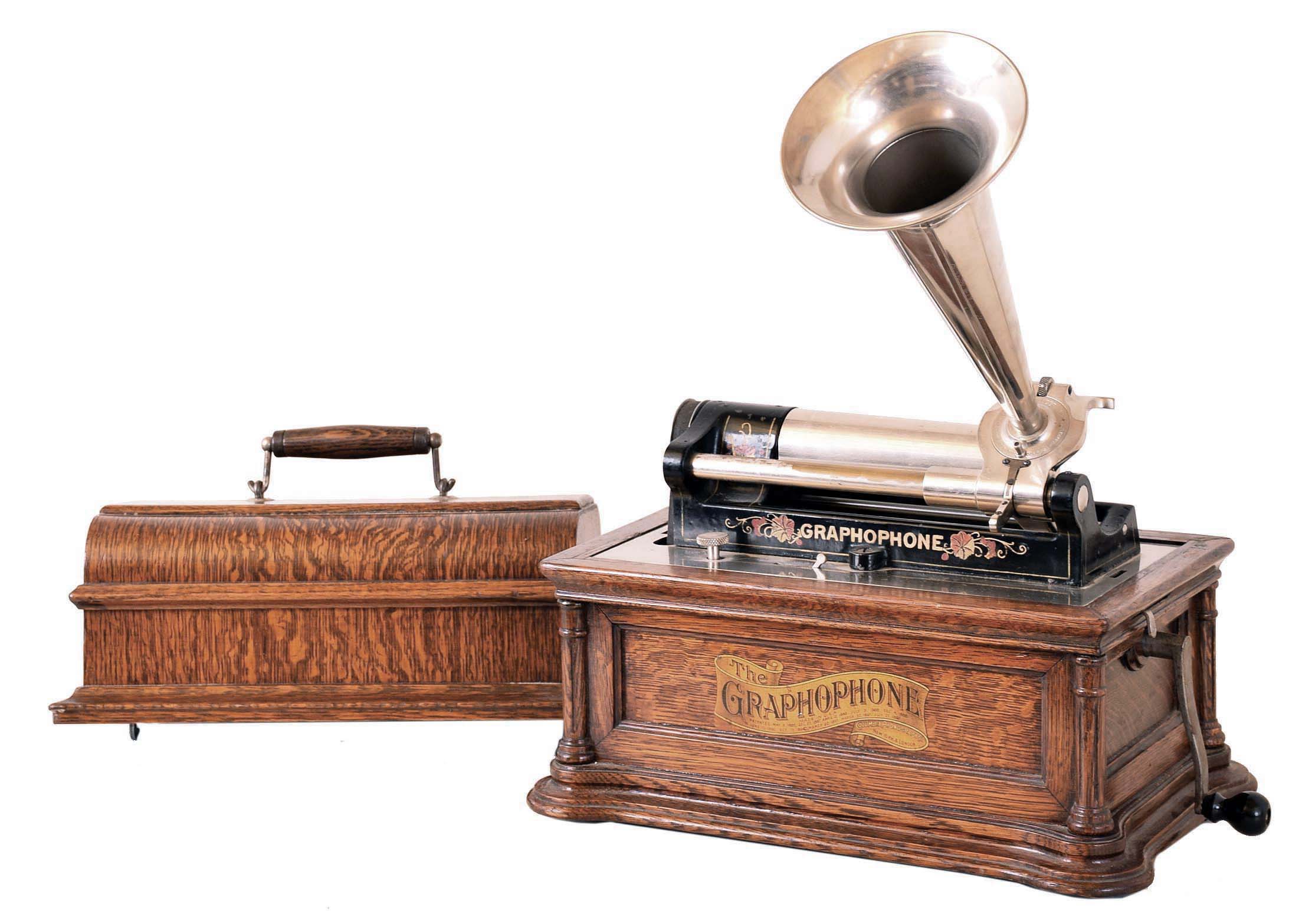 American Graphaphone Company, New York, NY. "BF" model serial #6312 with 8" long cylinder mandrel and reproduction nickel plated horn. — Antique Clocks Price Guide