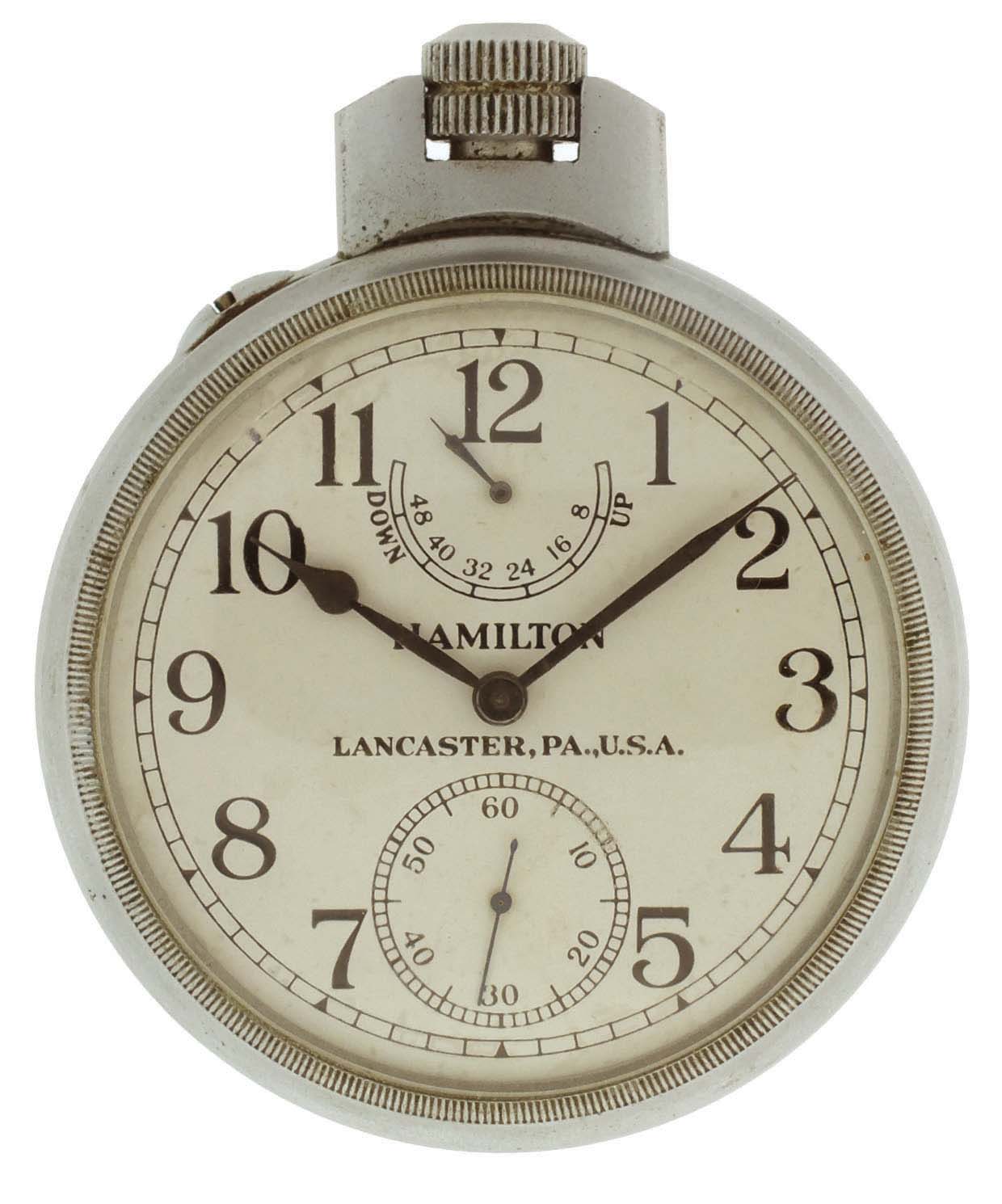 Hamilton Watch Co., Lancaster, Penn., model 22 chronometer watch with wind indicator, 35 size, 21 jewels, stem wind, stem/ pin set, adjusted to 6 positions and temperature straight line damascened nickel plate movement, with lever escapement and micrometric regulator, Arabic numeral silvered metal dial, black steel spade and poker hands, the timepiece contained in a mahogany box with viewing aperture, serial #2F7207, c1940 — Antique Clocks Price Guide